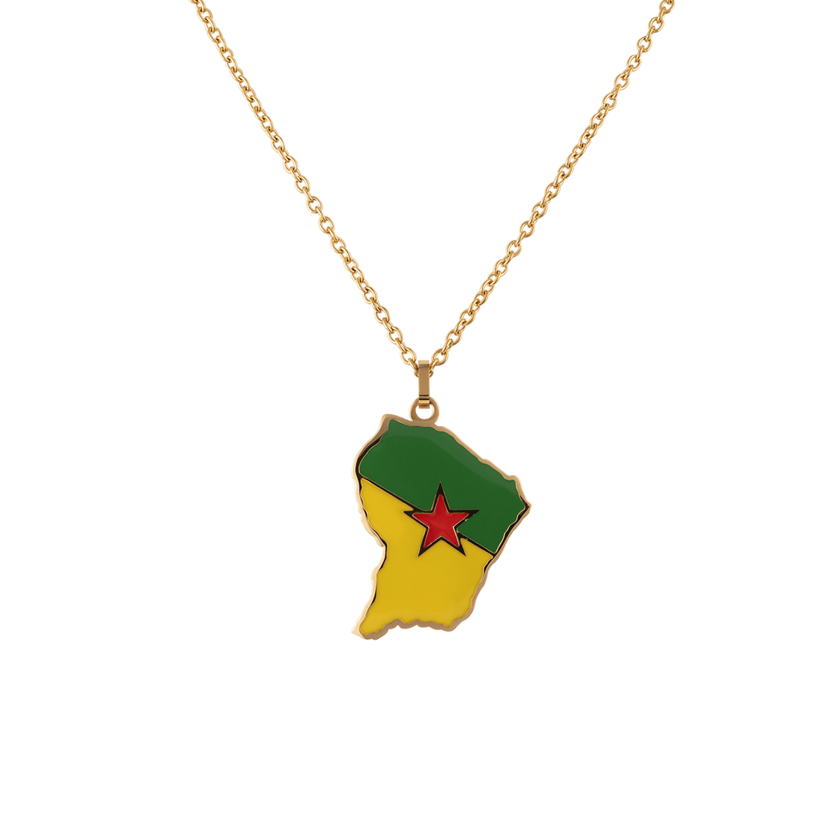 Collier AcierJaune Carte Guyane 25*37mm Avec Bélière Email Multicolore Chaîne2mm 50 à 55cm