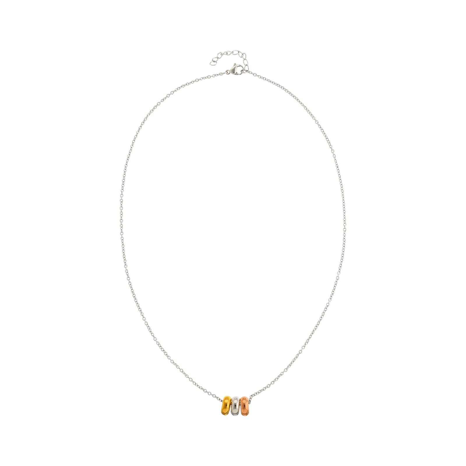 Collier Callas Centre trois Bagues Acier tricolore 42 plus 3 centimètres