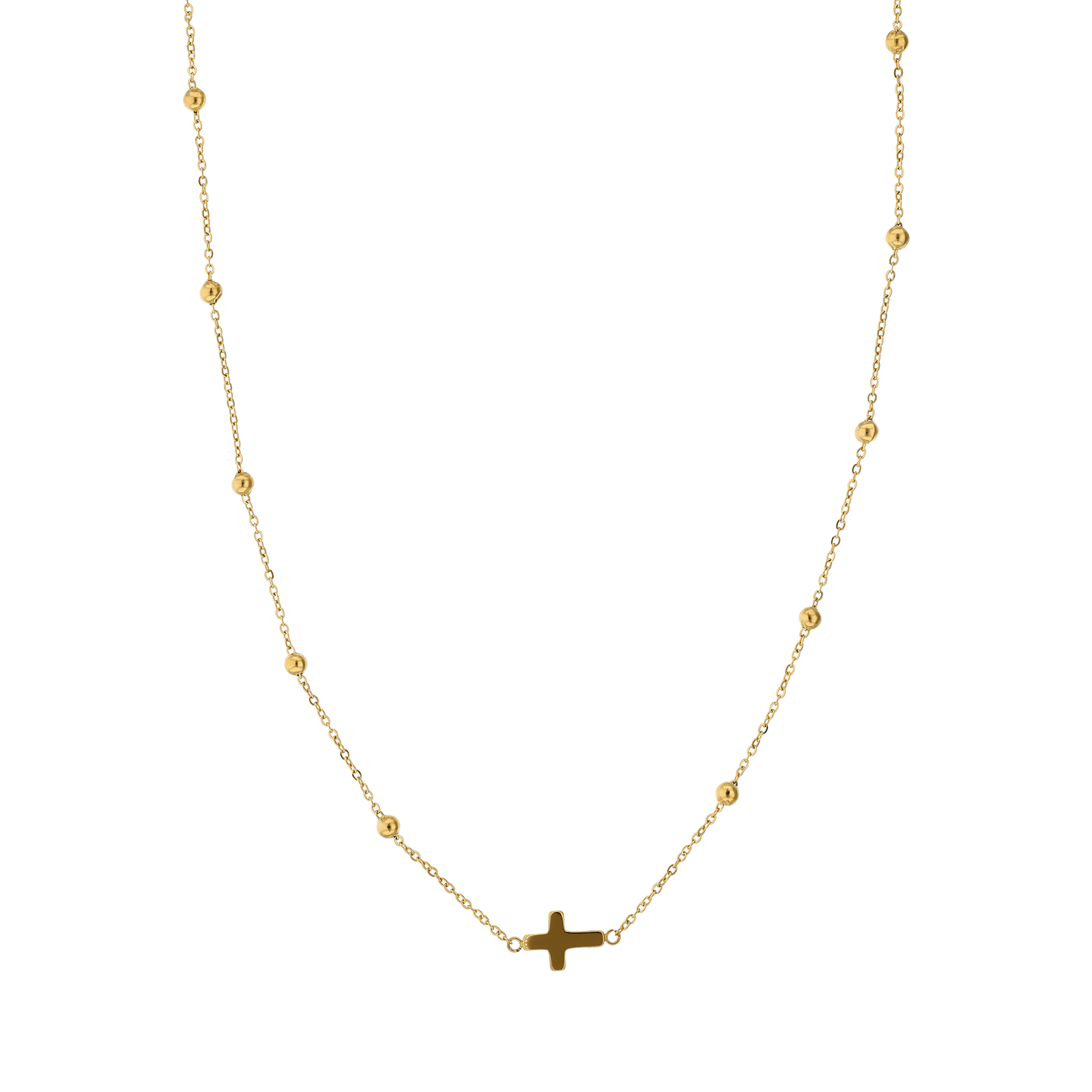 collier callas acier doré fin boule centre croix 40 plus 5 mm