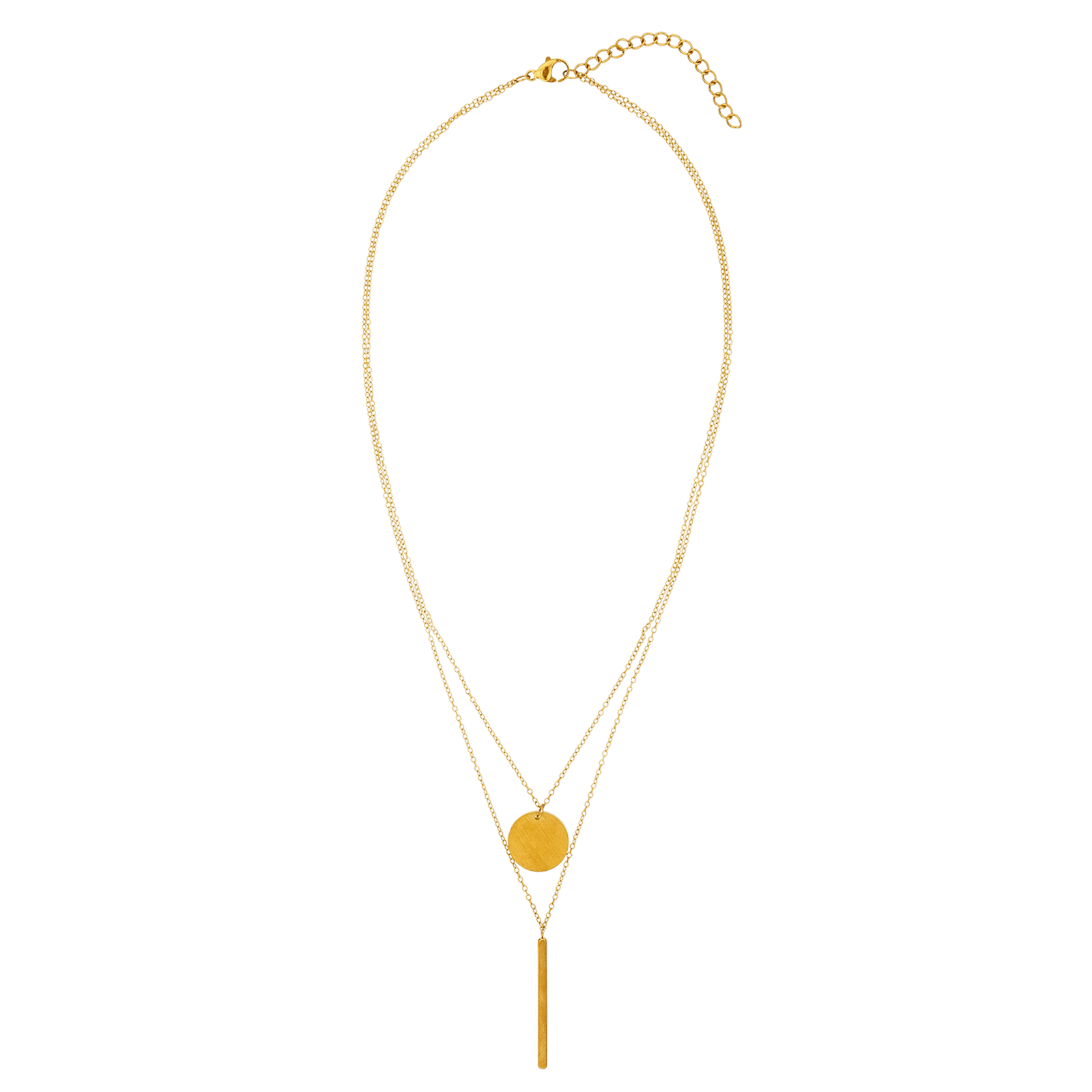 Collier Callas Acier doré double chaîne pendentif Médaille et barrette brossé 40 plus 5 centimètres