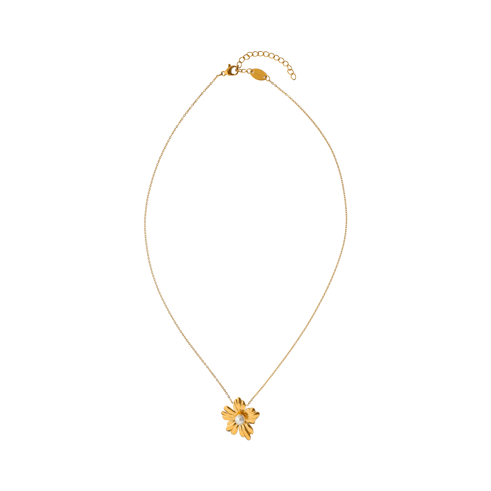 Collier Callas Acier doré Pendentif fleur Perle 45 plus 5 centimètres