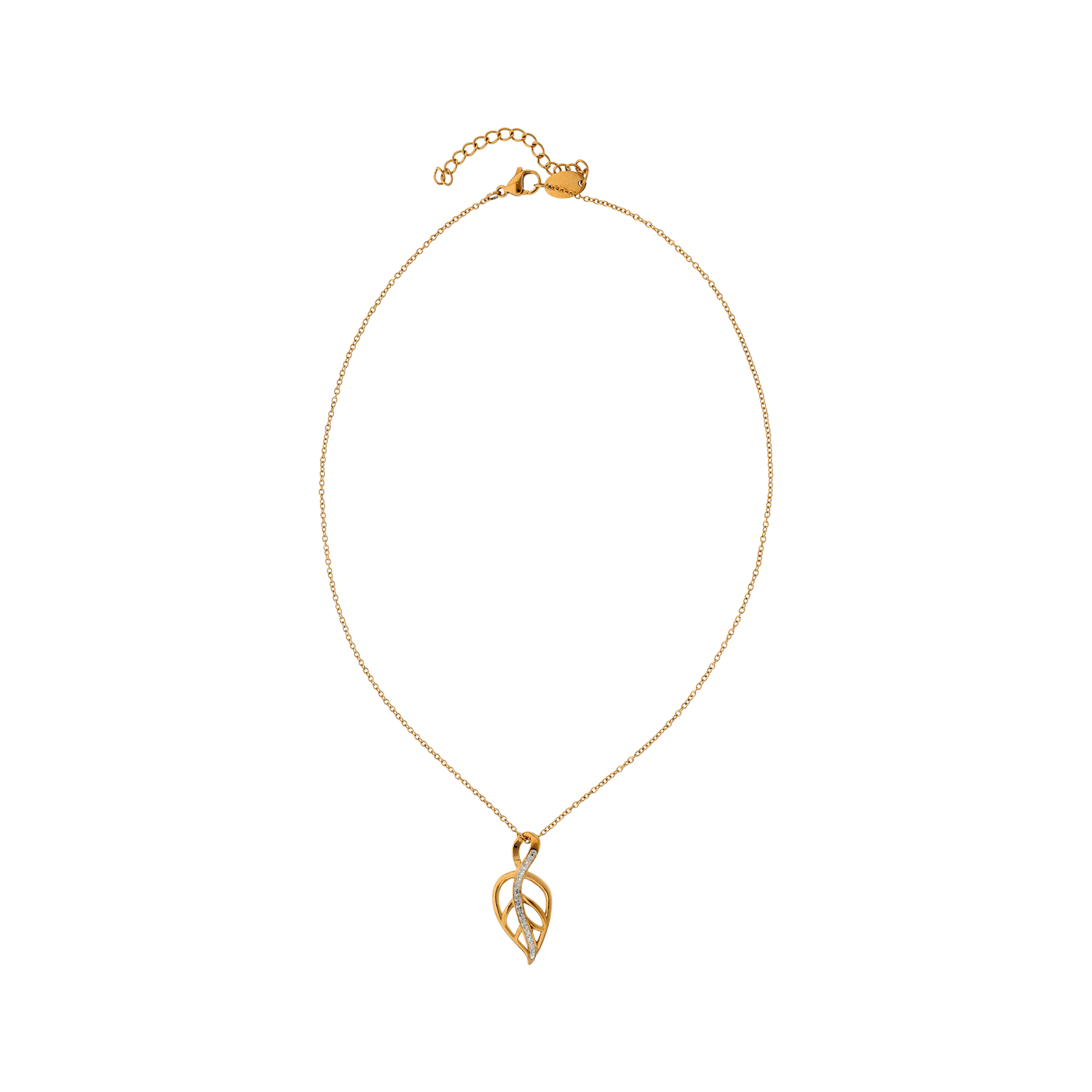 Collier Callas Acier doré Pendentif feuille ajouré Cristal Preciosa 40 plus 5 centimètres tag