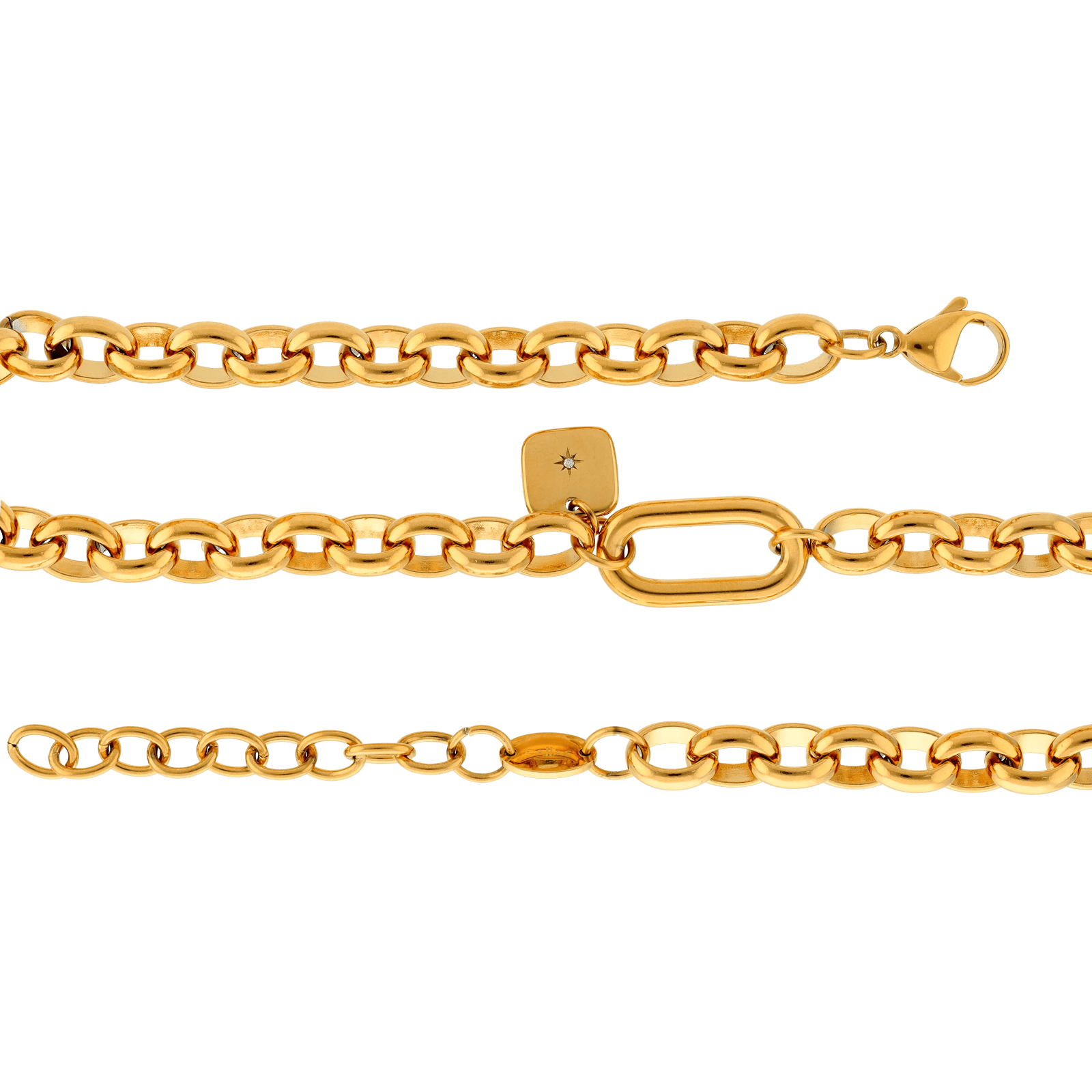 Collier Callas en acier doré maille jaseron ovale avec pampille carrée en cristal Preciosa, 40 cm avec rallonge de 5 cm