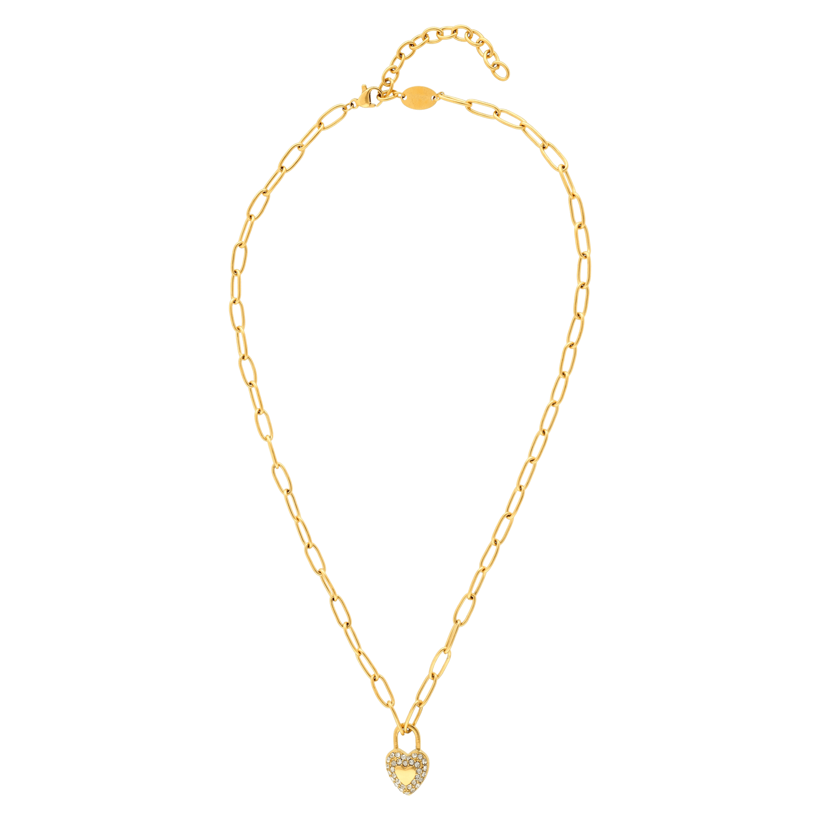 Collier Callas en acier doré maille forçat lisse avec pendentif cœur en cristal Preciosa, 40 cm avec rallonge de 5 cm