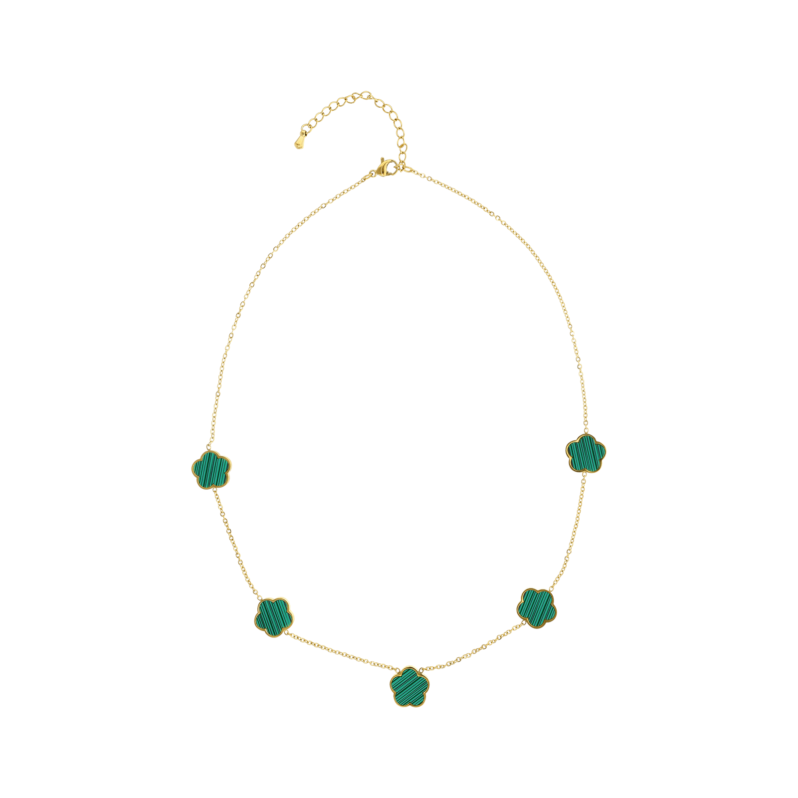 collier callas acier doré quatre trèfles effet malachite 40 plus 3 mm