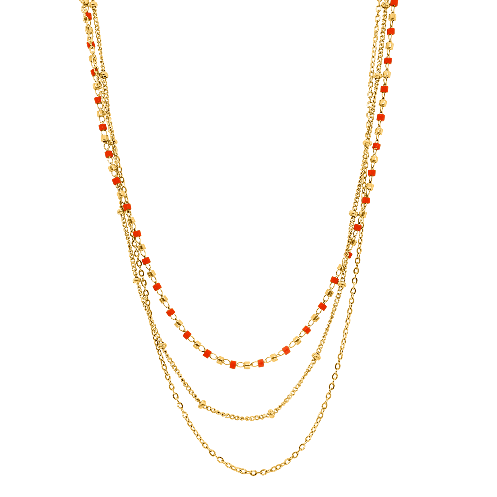Collier Callas Acier doré Perle trois rangs Miyuki orange 42 plus 5 centimètres