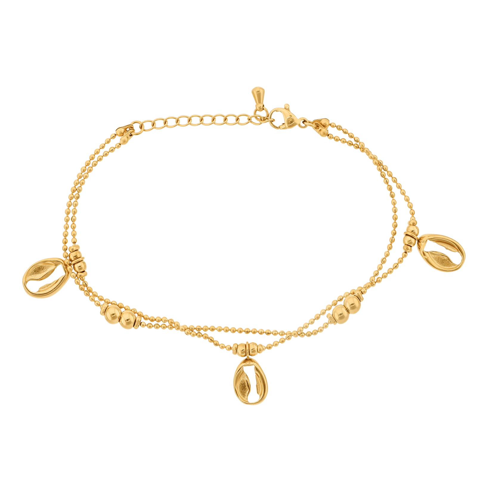 Bracelet Callas Acier doré 2 rangs charms coquillage 16 plus 5 centimètres