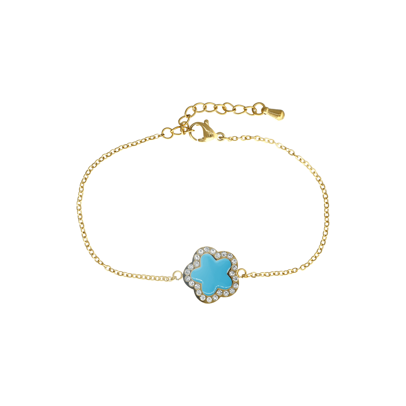 Bracelet Callas Acier doré 1 trèfle turquoise Oxyde de Zirconium 16 plus 3 centimètres