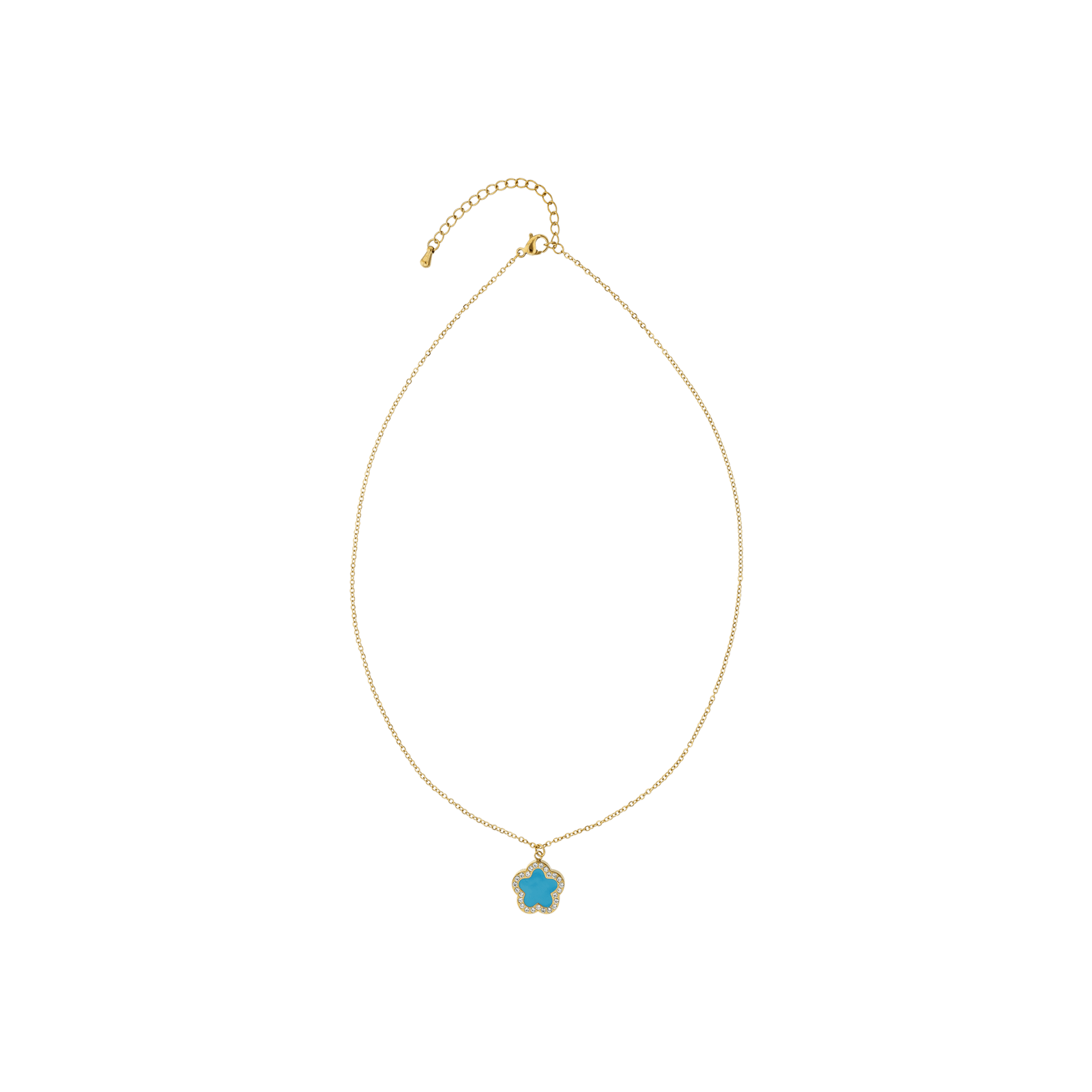 Collier Callas Acier doré un trèfles turquoise Oxyde de Zirconium 40 plus 5 centimètres