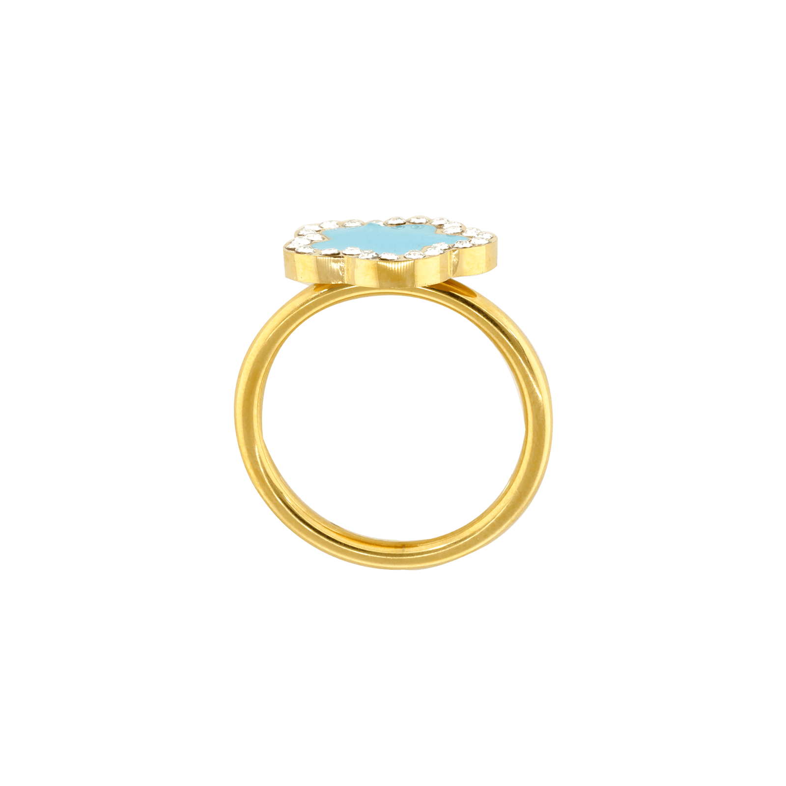 Bague Callas Acier doré trèfle turquoise et Oxyde de Zirconium