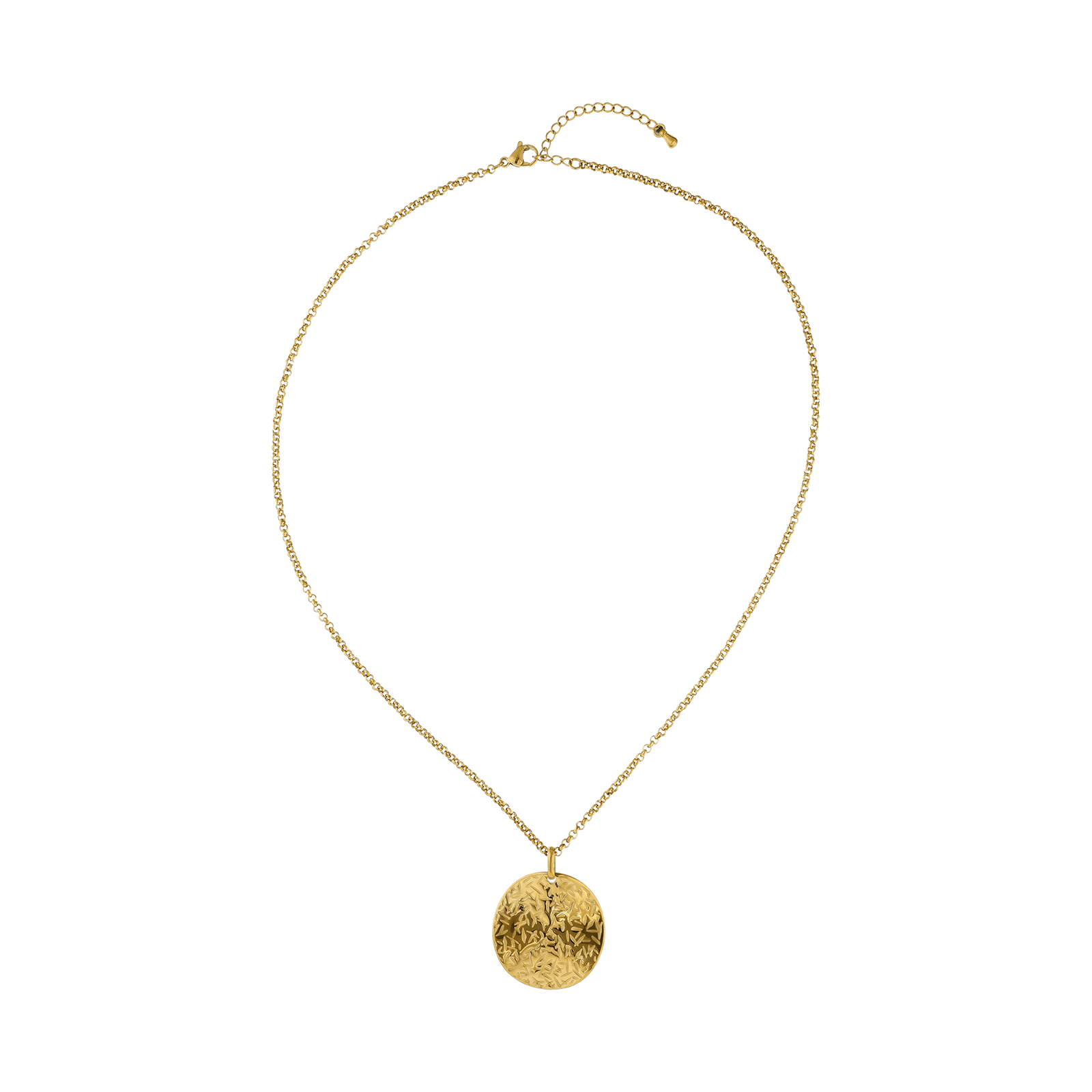 Collier Callas Acier doré Pendentif Médaille fantaisie ciselé 50 plus 5 centimètres