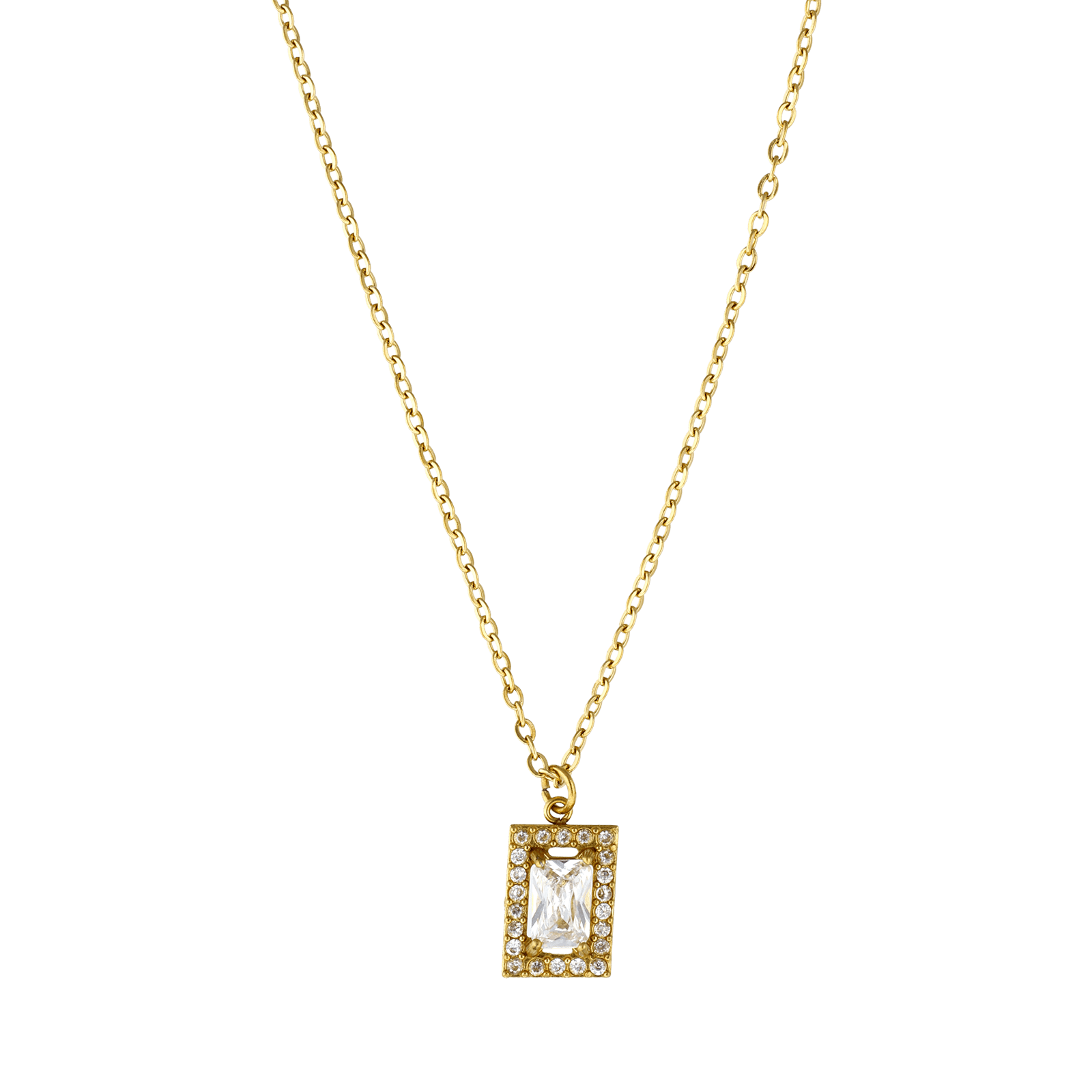 collier callas acier doré pendentif carré zircon blanc 40 plus 5 mm