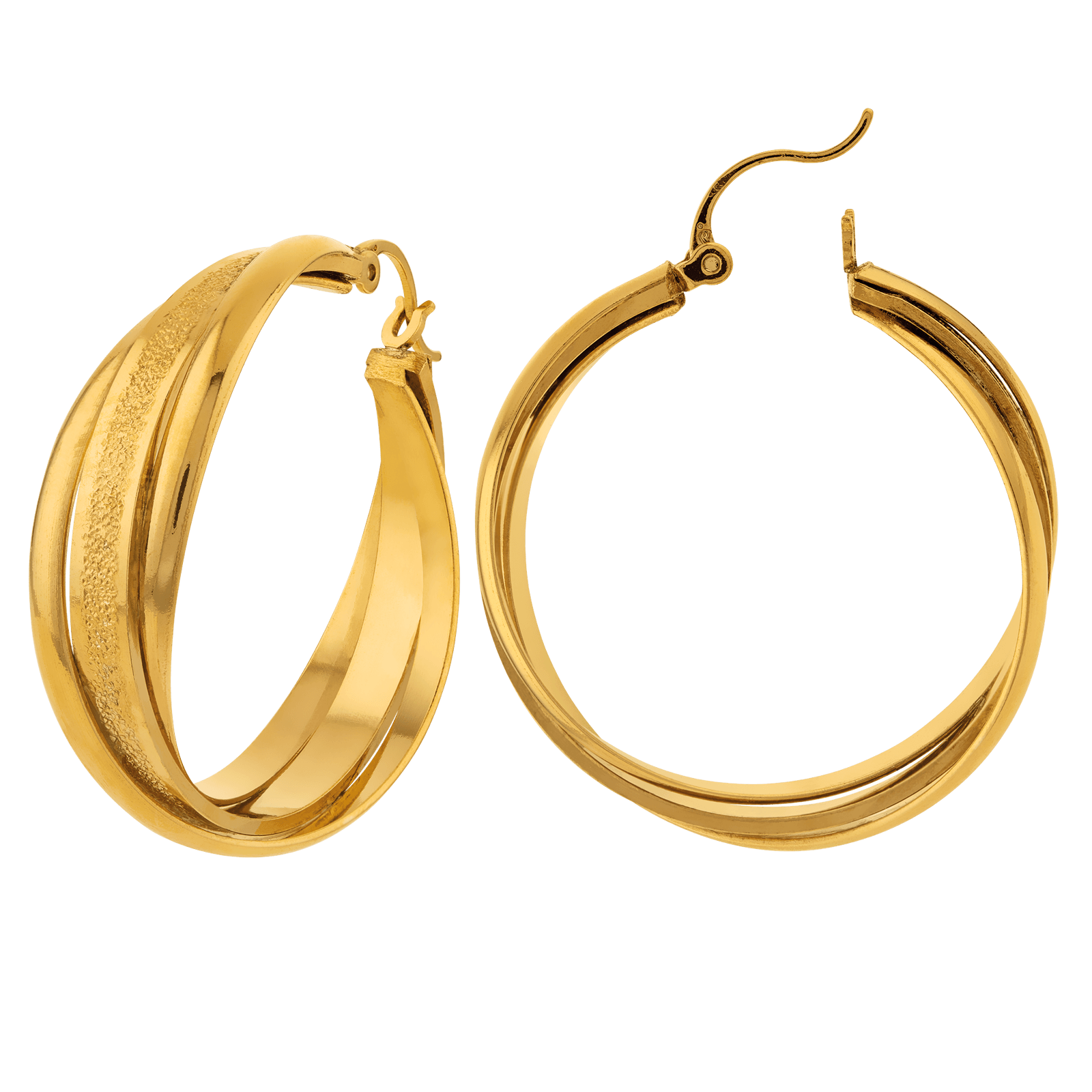 Créoles plaqué or fantaisie trois fils plat croisés 30 mm intérieur