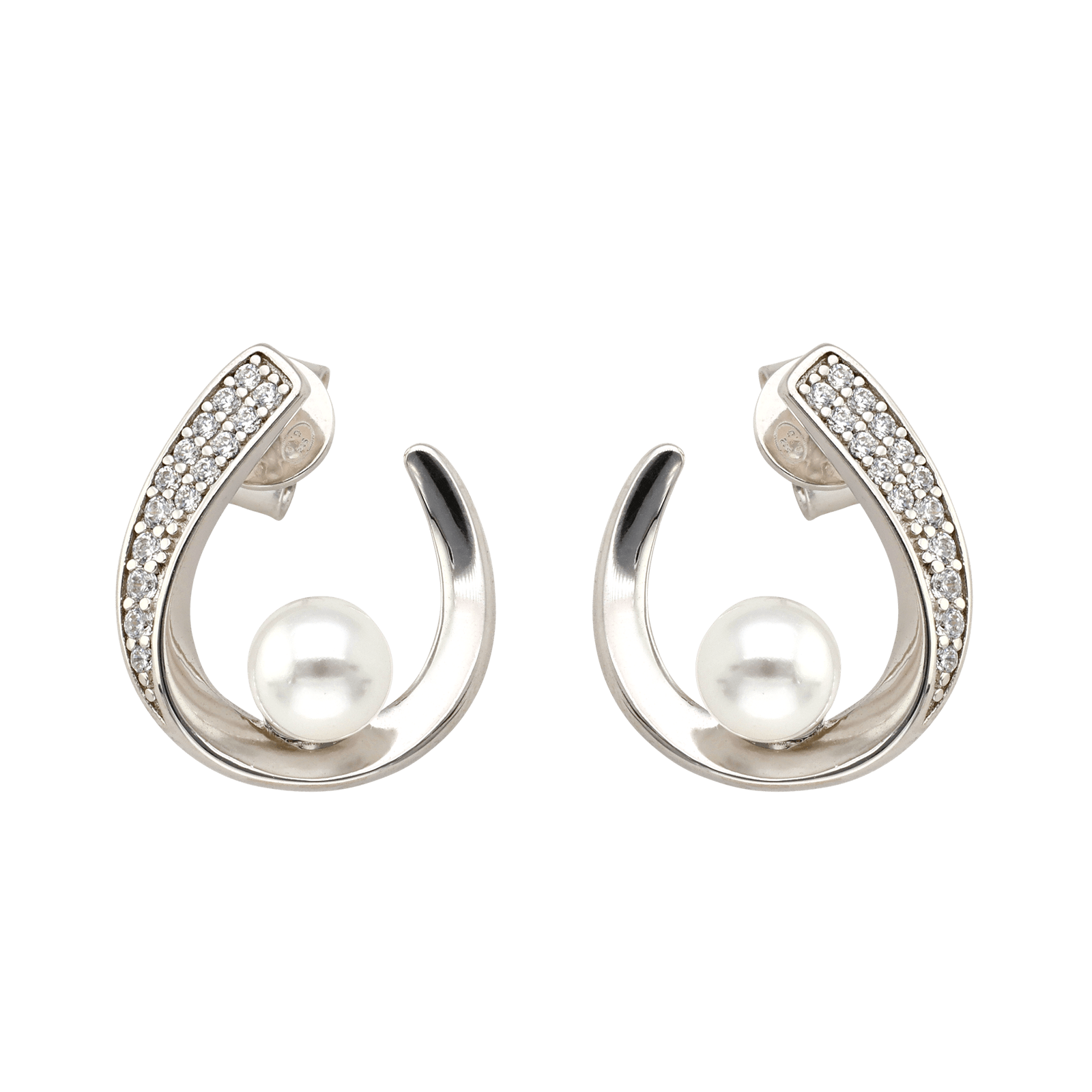 Boucles d'Oreilles rhodié fantaisie sertie Oxyde de Zirconium et Perle