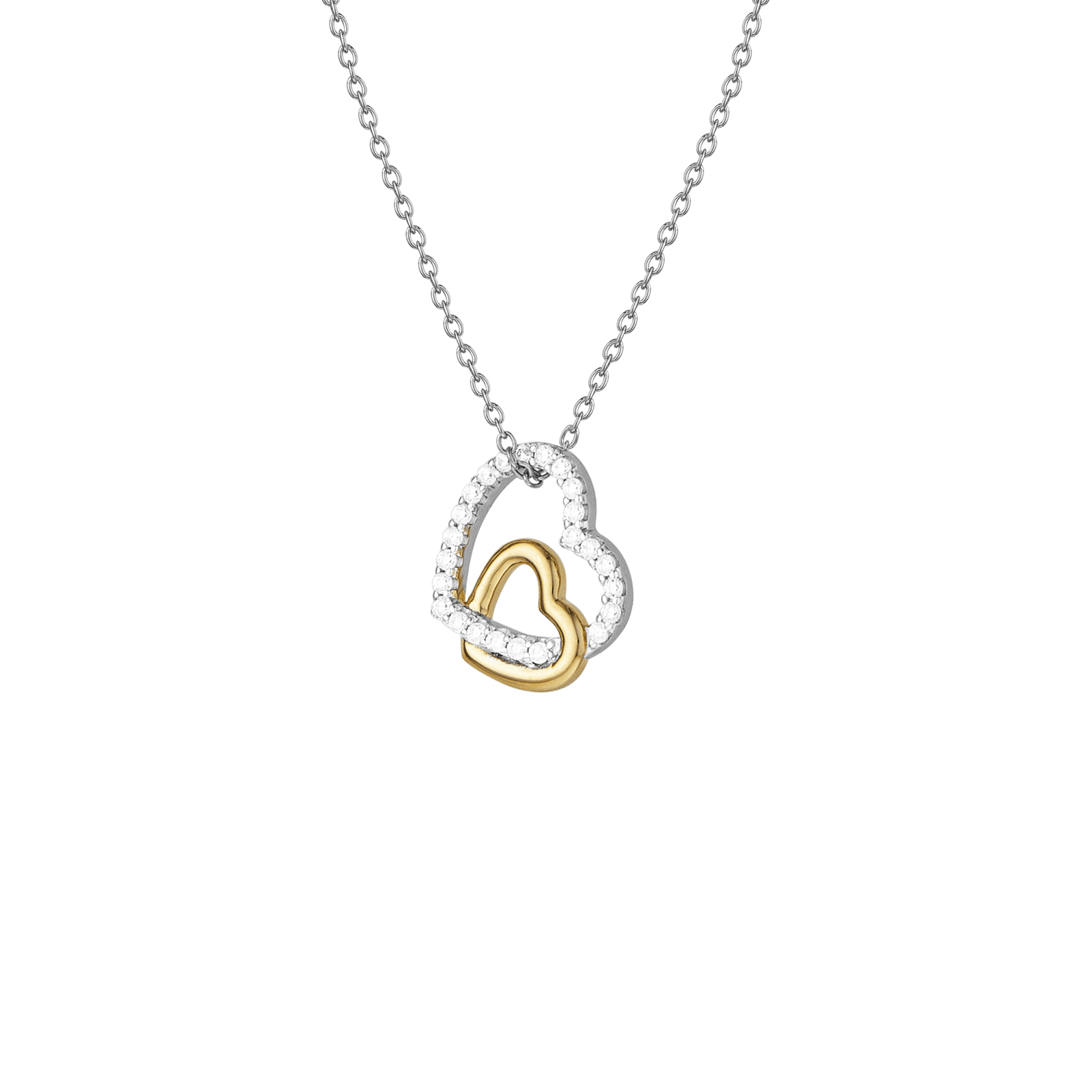 Collier Argent double coeur ajouré Bicolore sertie Oxyde de Zirconium 42 plus 3 centimètres