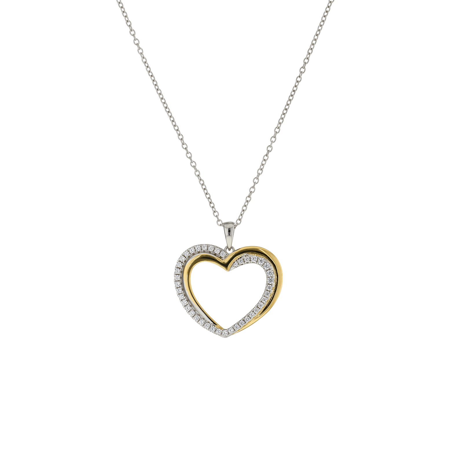 Collier Argent Rhodié Pendentif double coeur Lisse et sertie Oxyde de Zirconium