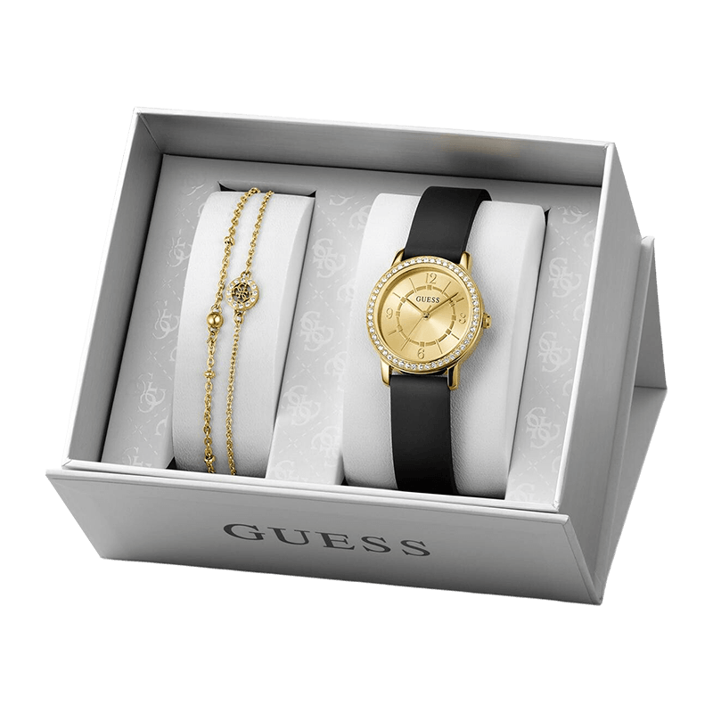 Coffret Guess Montre + Bijou Femme Boîtier Acier Doré 28mm, Cadran Doré, Bracelet Silicone Noir + Bracelet Bijou Doré Assorti – JUBS01534JWYGS