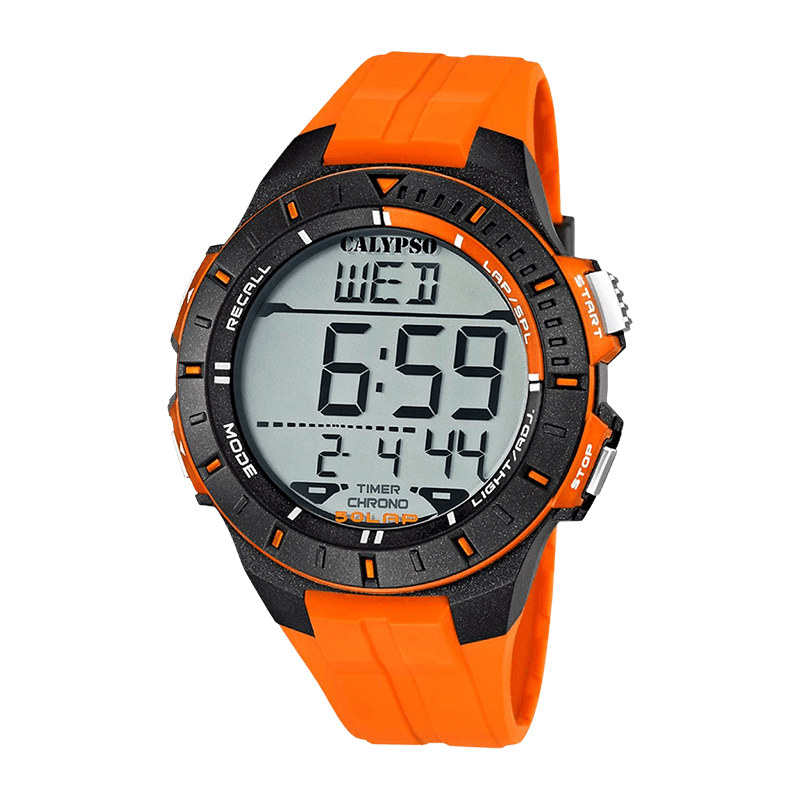 Montre Homme Calypso "Color Splash" Boîtier Plastique Noir 48mm, Cadran Digital Gris, Bracelet Silicone Orange Étanche 100m – K5607/1