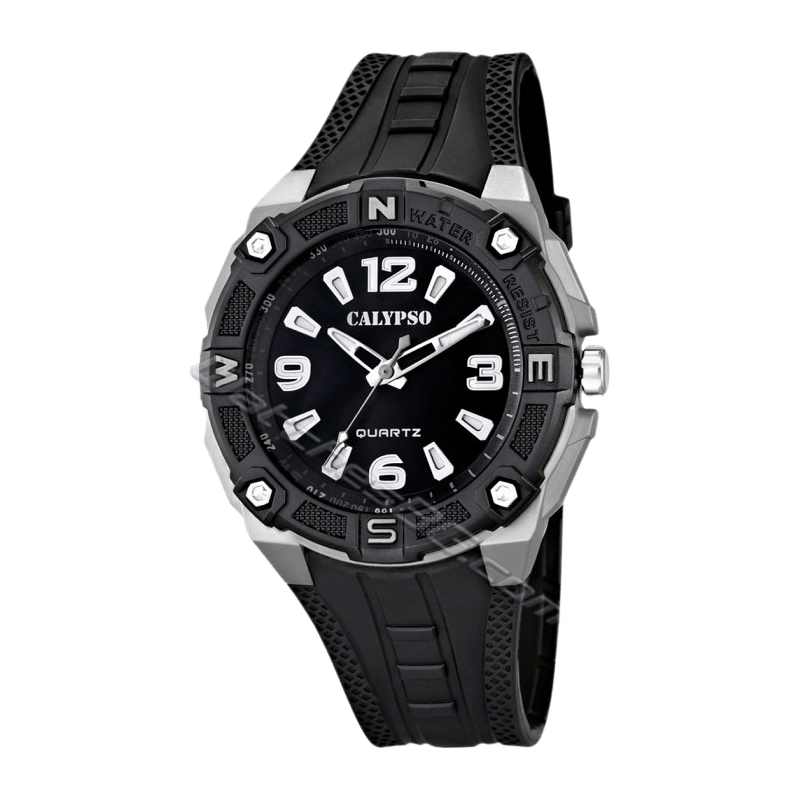 Montre Homme Calypso "Street Style" Boîtier Plastique Noir 43.5-47mm, Cadran Noir Index Blancs, Bracelet Caoutchouc Noir Analogique –K5634/1