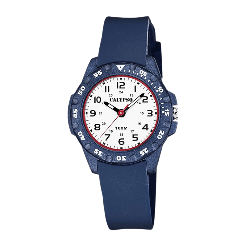 Montre Garçon Calypso "Junior Collection" Boîtier Plastique Bleu 30-32mm, Cadran Blanc Liseré Rouge, Lunette Tournante, Bracelet Silicone Bleu Étanche 100m –K5821/1