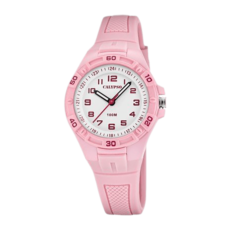 Montre Fille Calypso "Junior Collection" Boîtier Plastique 33mm, Cadran Blanc, Bracelet Silicone Rose, Analogique Étanche 100m – K5832/2