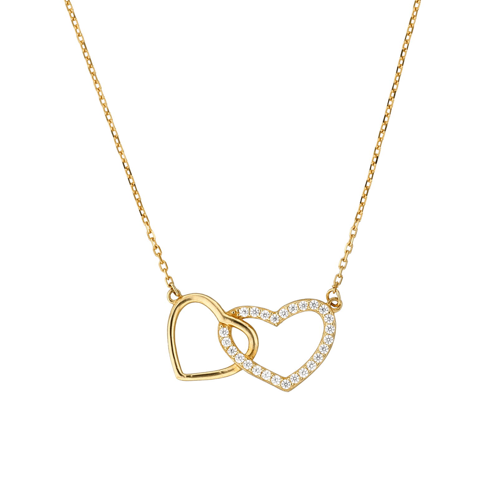 Collier 2 coeurs enlacés pavé Oxyde de Zirconium plus Lisse 40 plus 5 centimètres