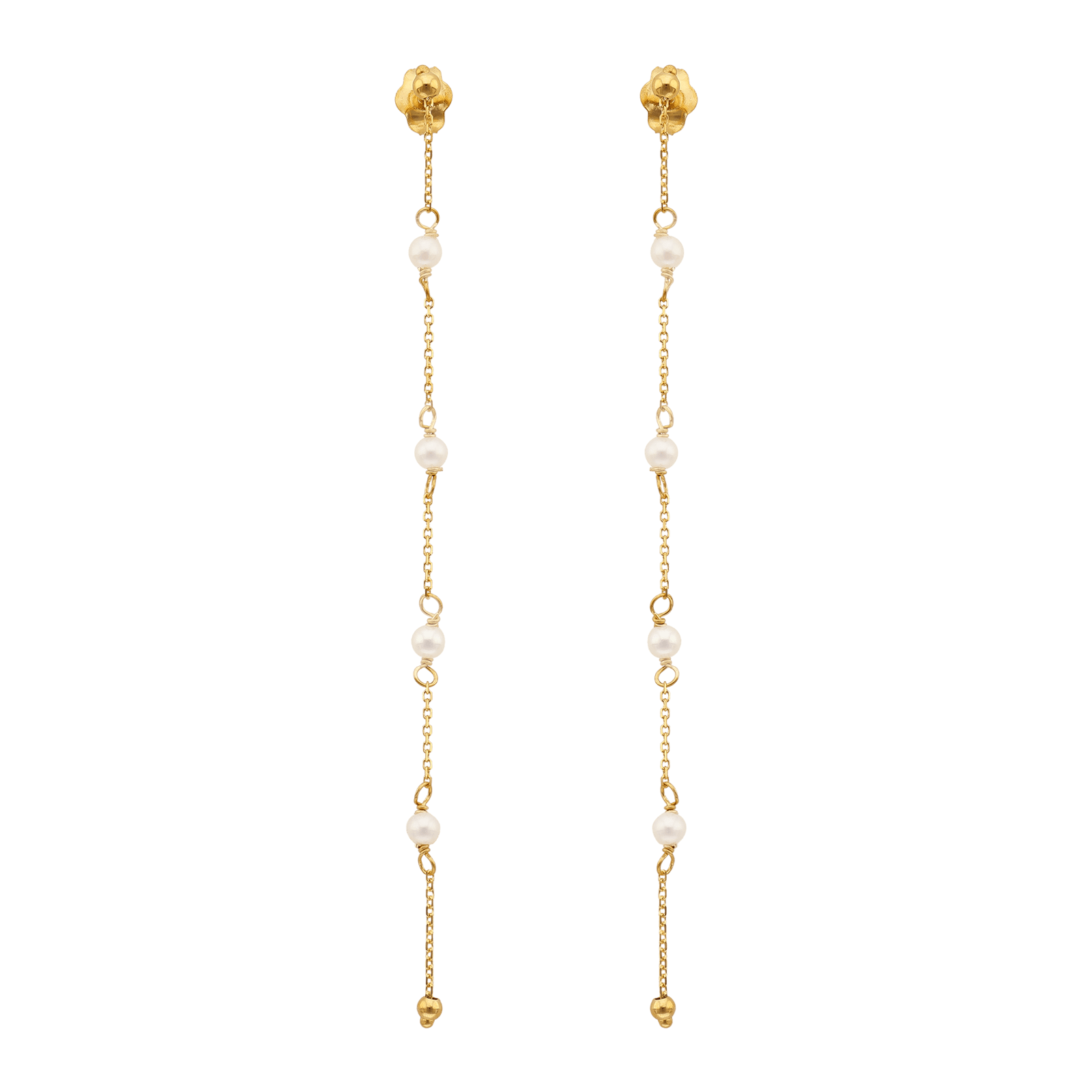 Boucles D'oreilles Or375 Pendantes Chaine Petites Perles Blanches