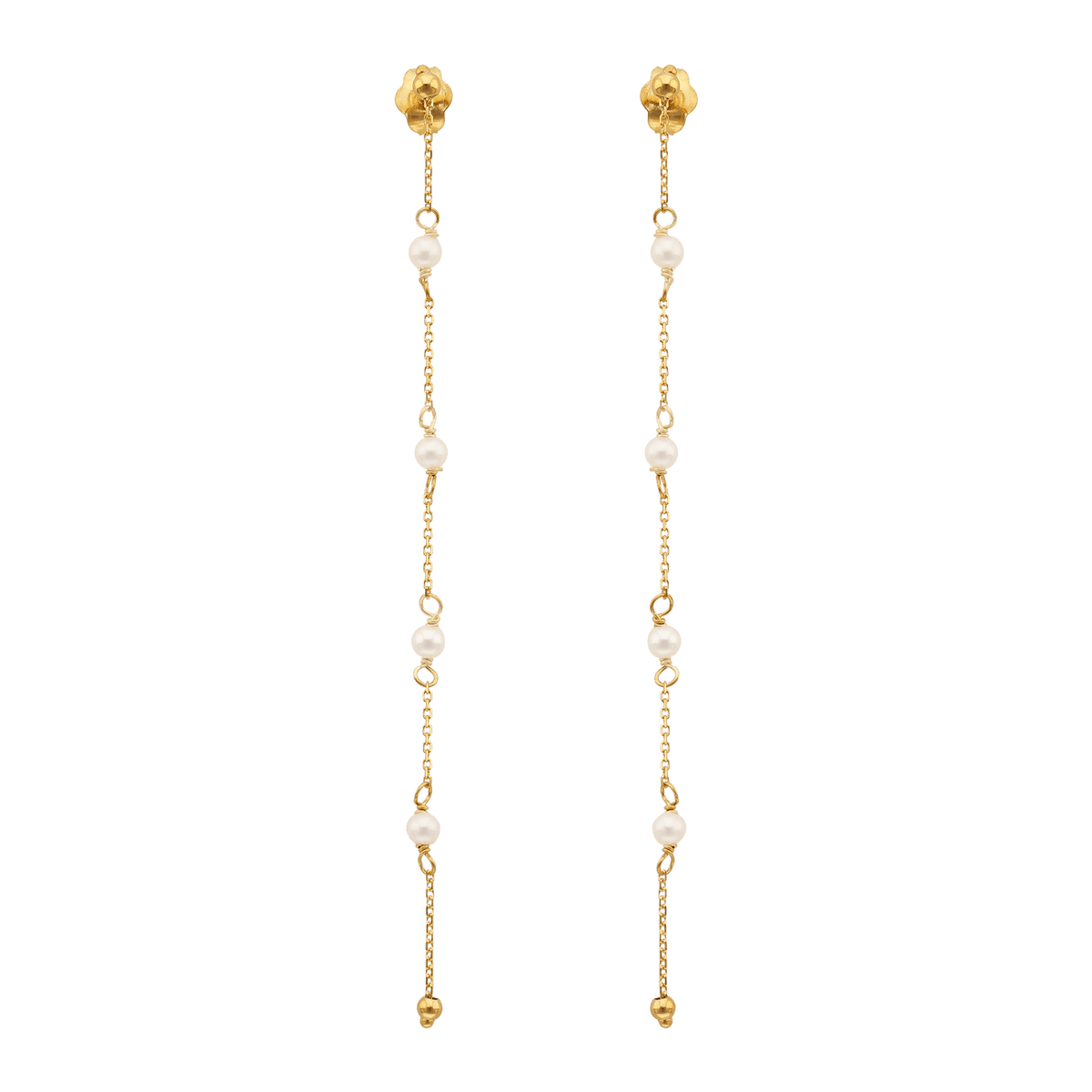 Boucles D'oreilles Or 375 Pendantes Chaine Petites Perles Blanches