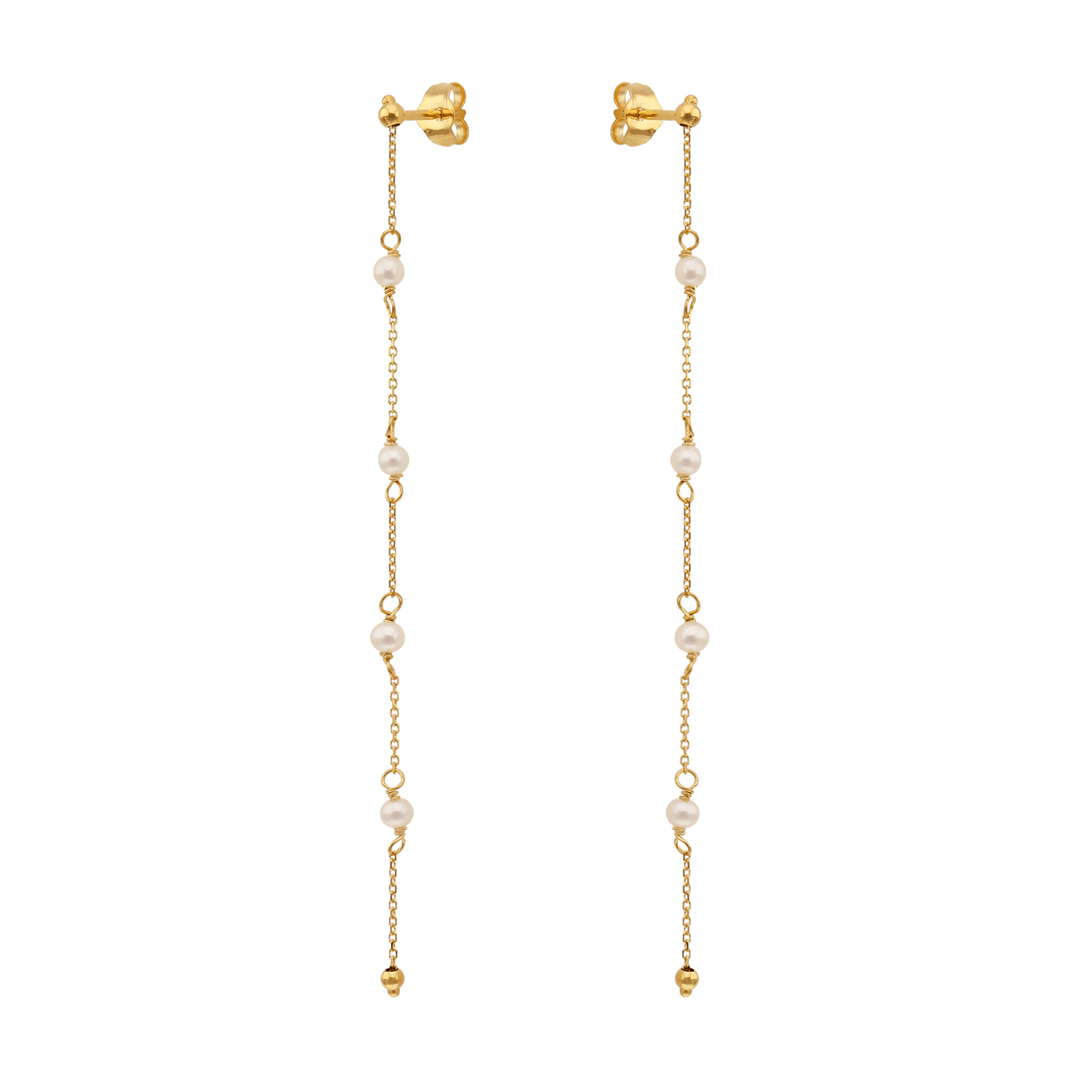 Boucles D'oreilles Or 375 Pendantes Chaine Petites Perles Blanches