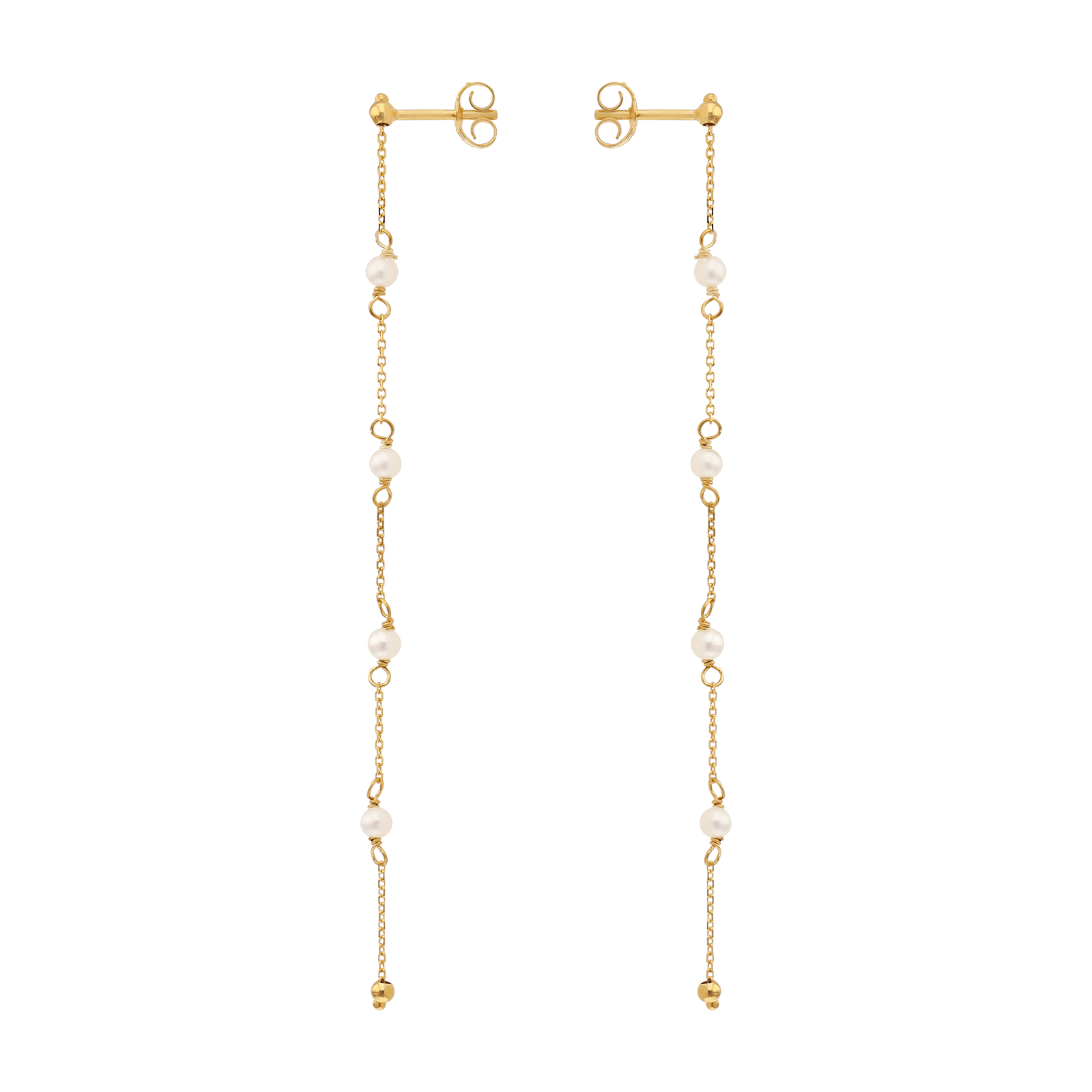 Boucles D'oreilles Or375 Pendantes Chaine Petites Perles Blanches