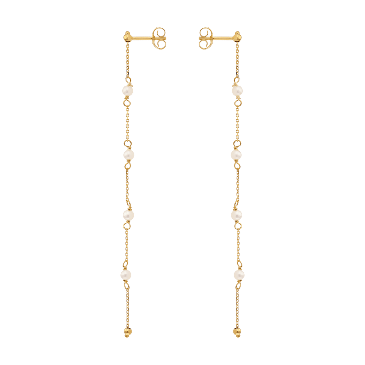 Boucles D'oreilles Or 375 Pendantes Chaine Petites Perles Blanches