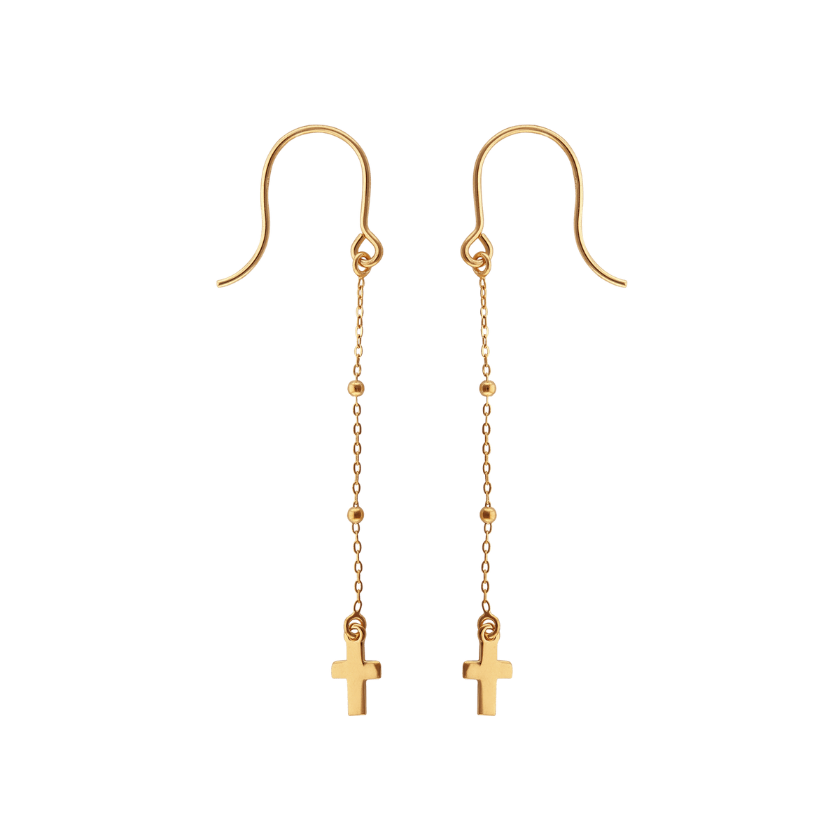 Boucles D'oreilles Or 375 Pendantes Chaine Boules Croix Lisses