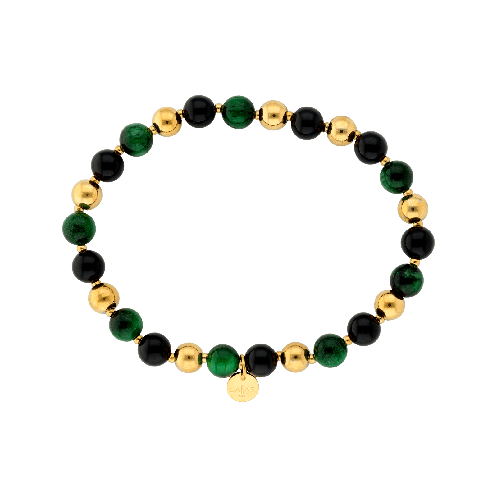 Bracelet Callas Acier doré élastiques boules vertes 6 millimètres
