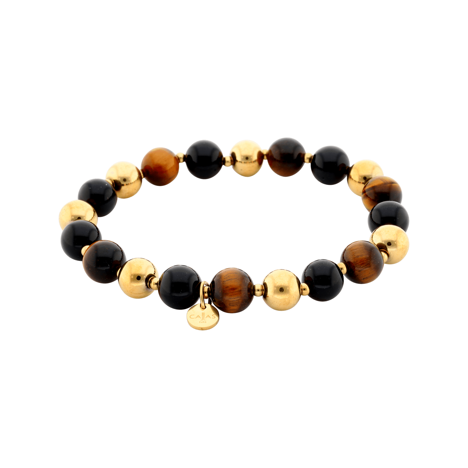 Bracelet Callas élastique en acier doré avec boules d’agate noires et marron de 8 mm