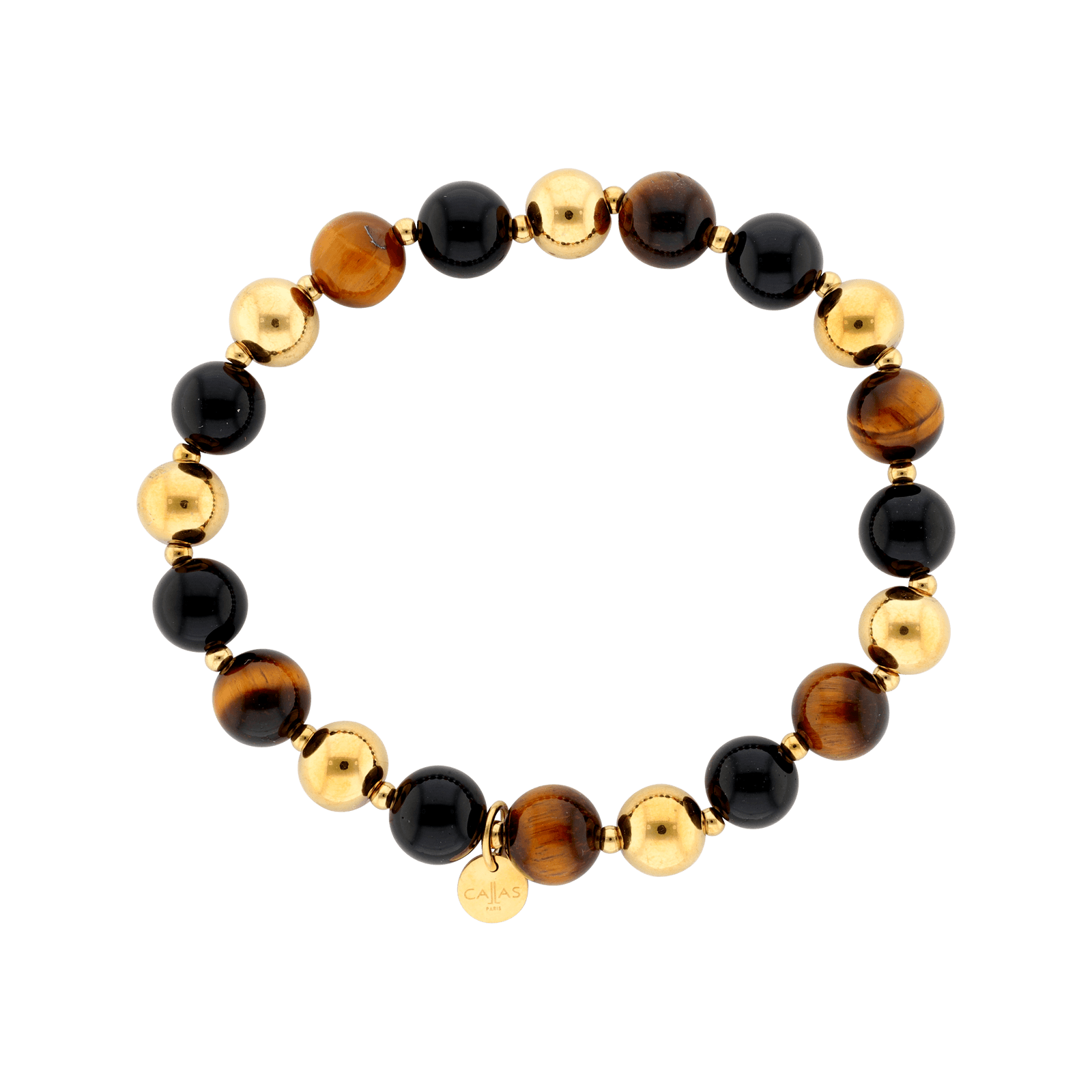 Bracelet Callas élastique en acier doré avec boules d’agate noires et marron de 8 mm