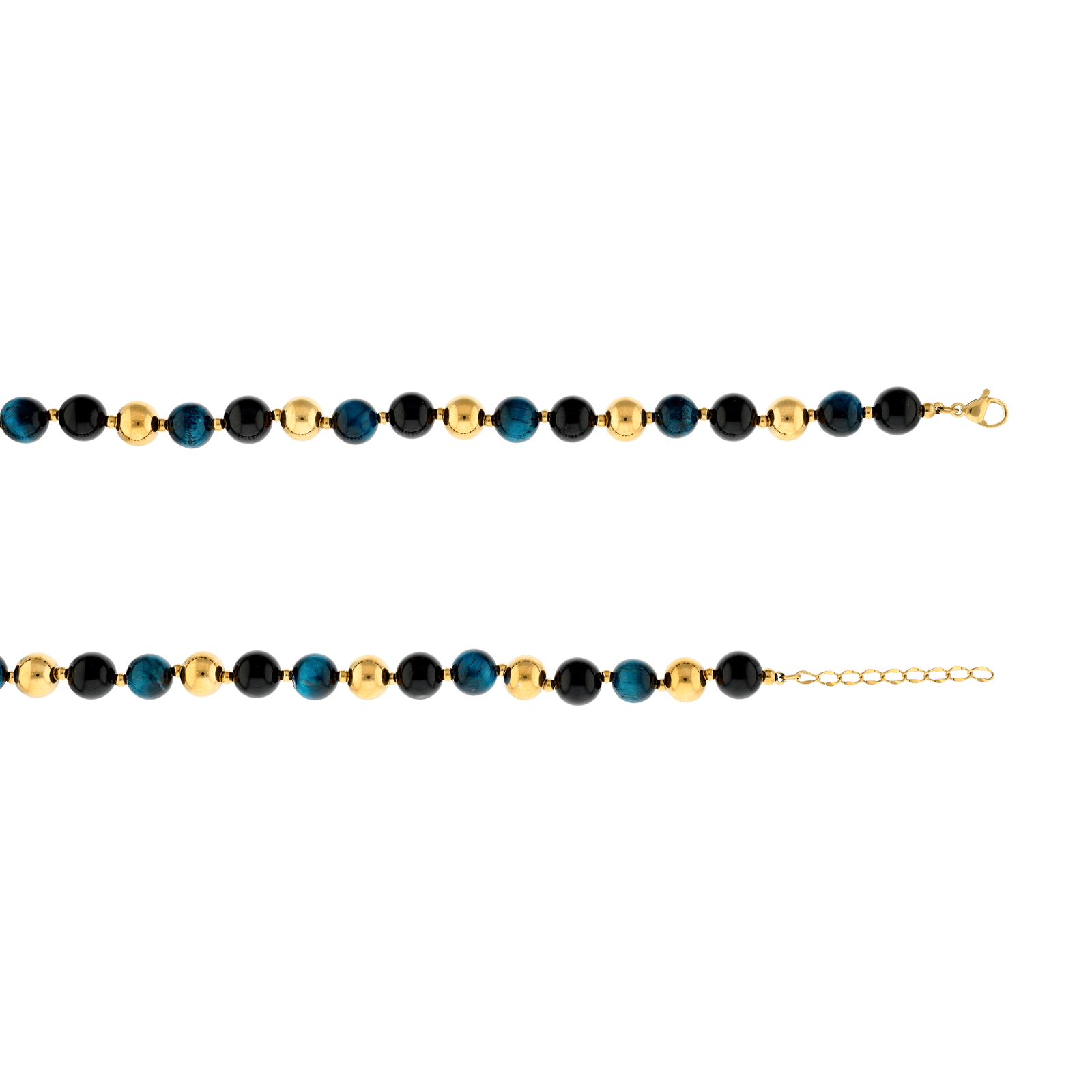 Collier Callas Acier doré boules bleu clair 8 millimètres 42 plus 3 centimètres