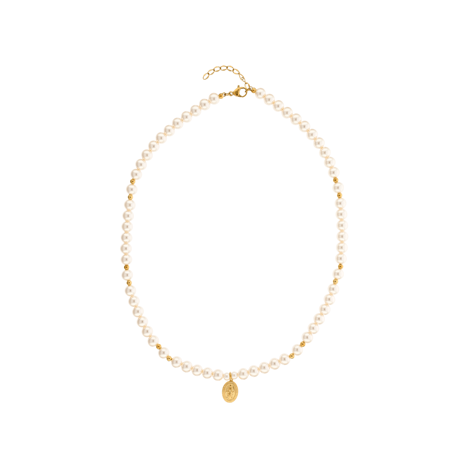 Collier Callas en acier doré avec perle et médaille miraculeuse, 42 cm avec rallonge de 3 cm
