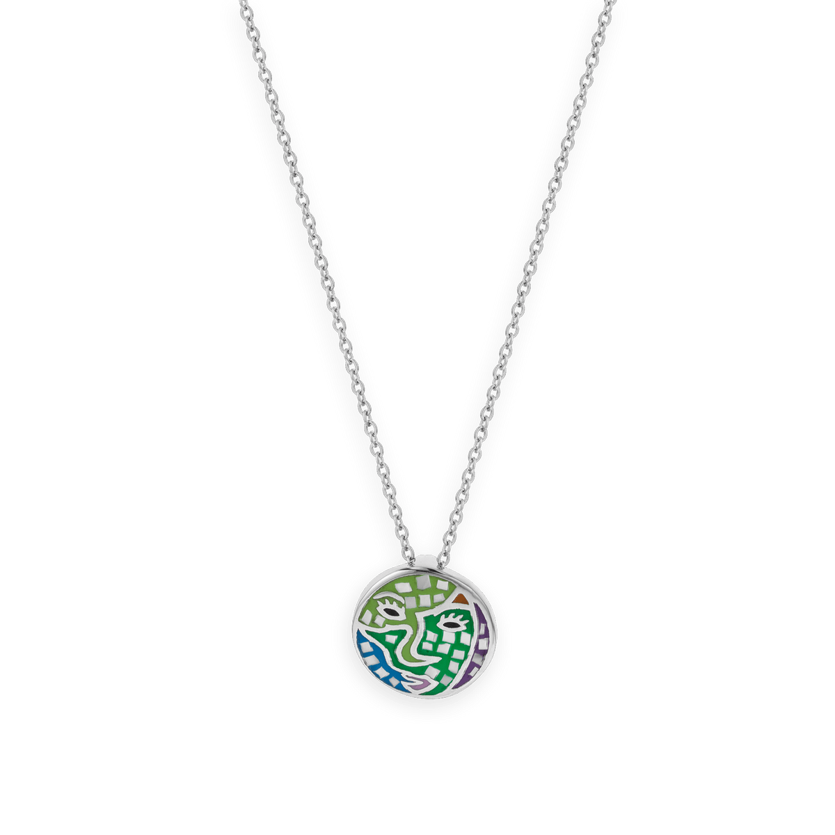 Collier Acier Motif 16mm Email Vert Bleu 42 A 45cm