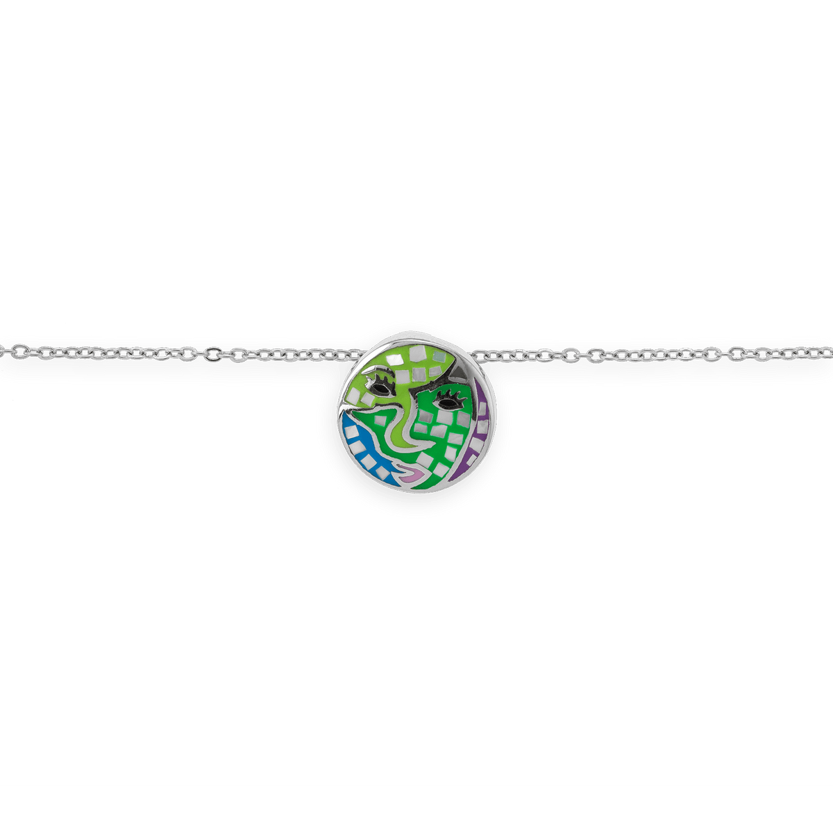 Collier Acier Motif 16mm Email Vert Bleu 42 A 45cm