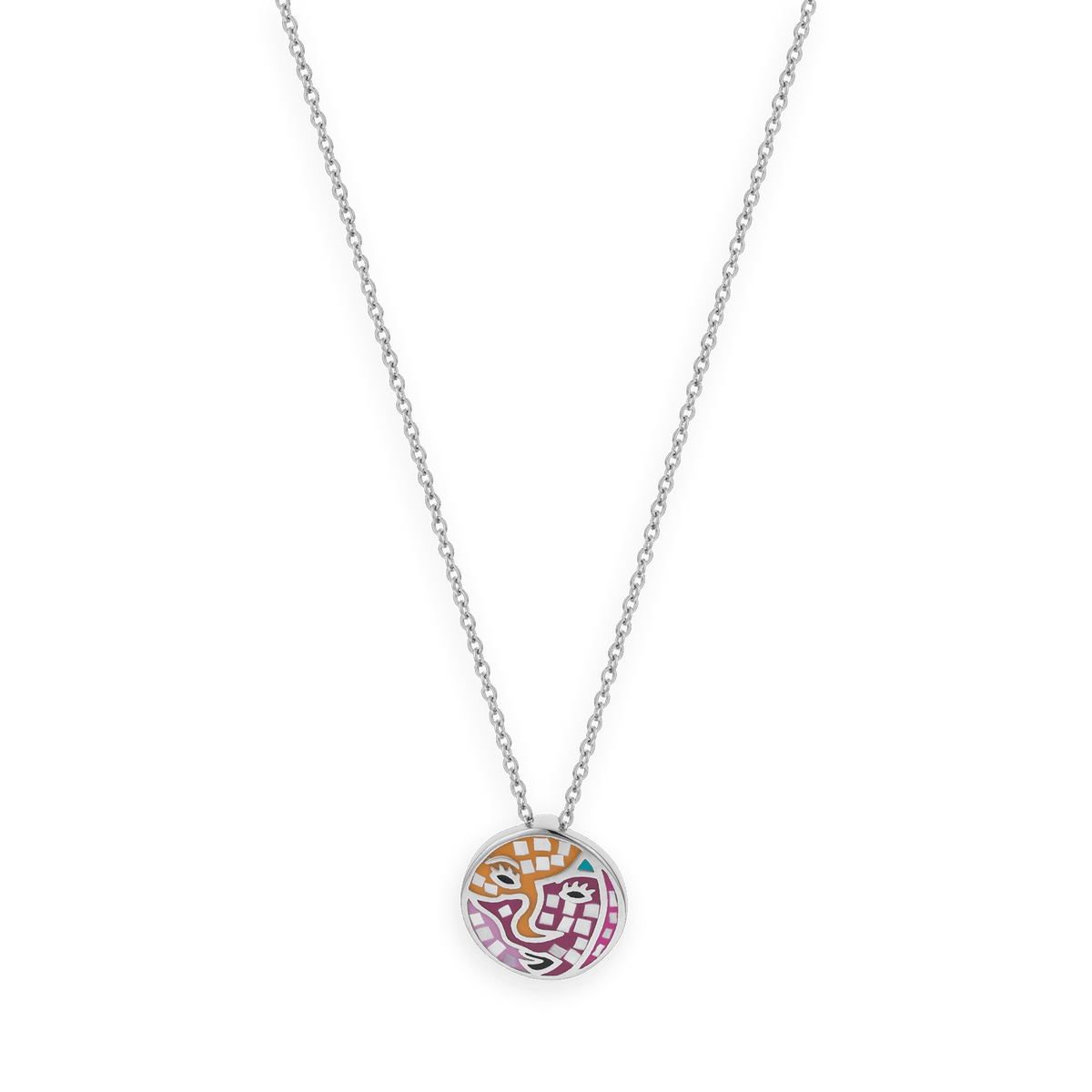 Collier Acier Motif 16mm Email Jaune Rose 42 A 45cm