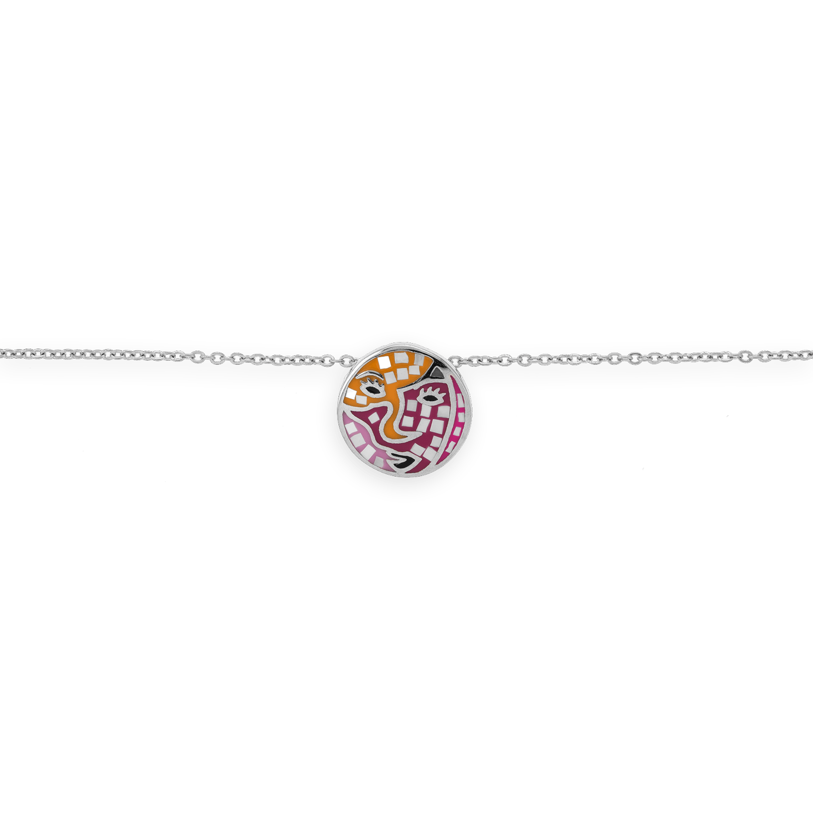Collier acier motif email jaune et rose