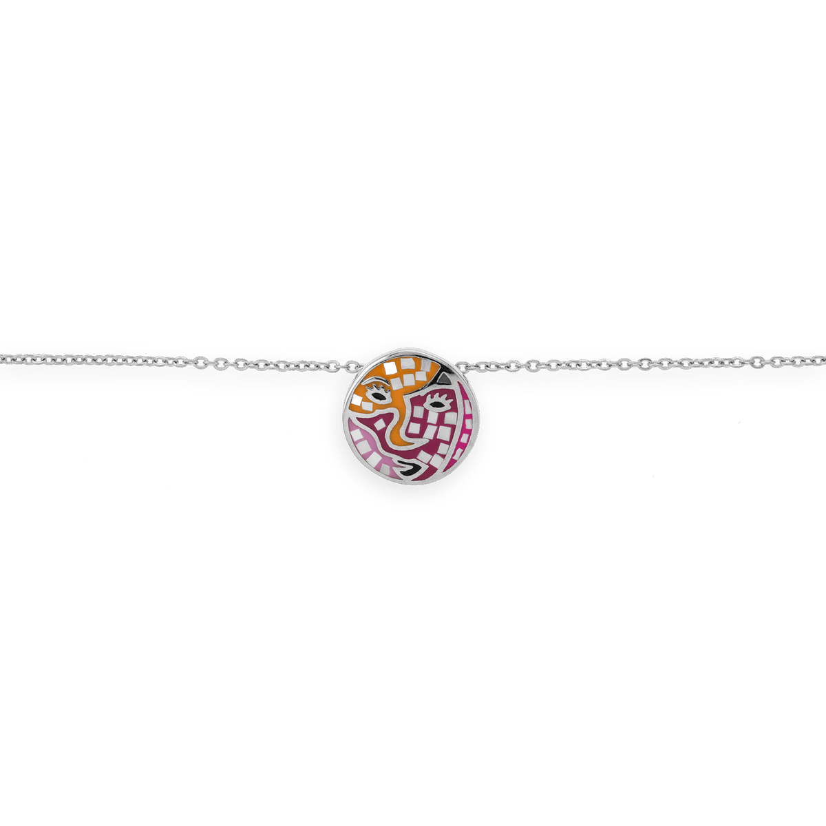 Collier Acier Motif 16mm Email Jaune Rose 42 A 45cm