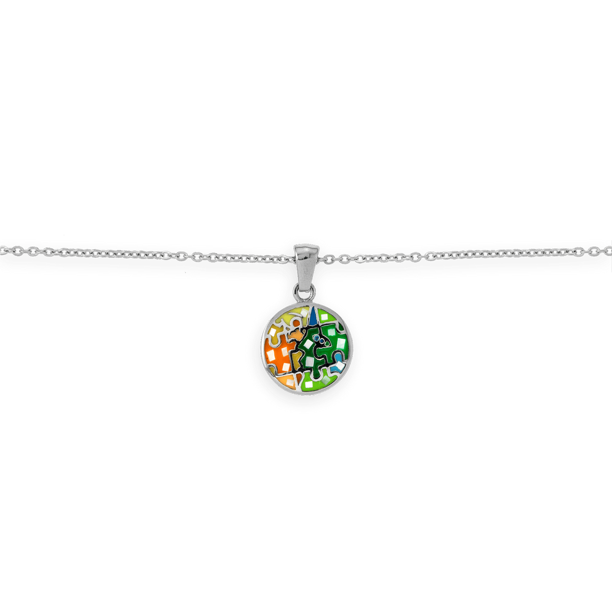 Collier Acier Motif 14.5mm Email Vert Orange 42 A 45cm