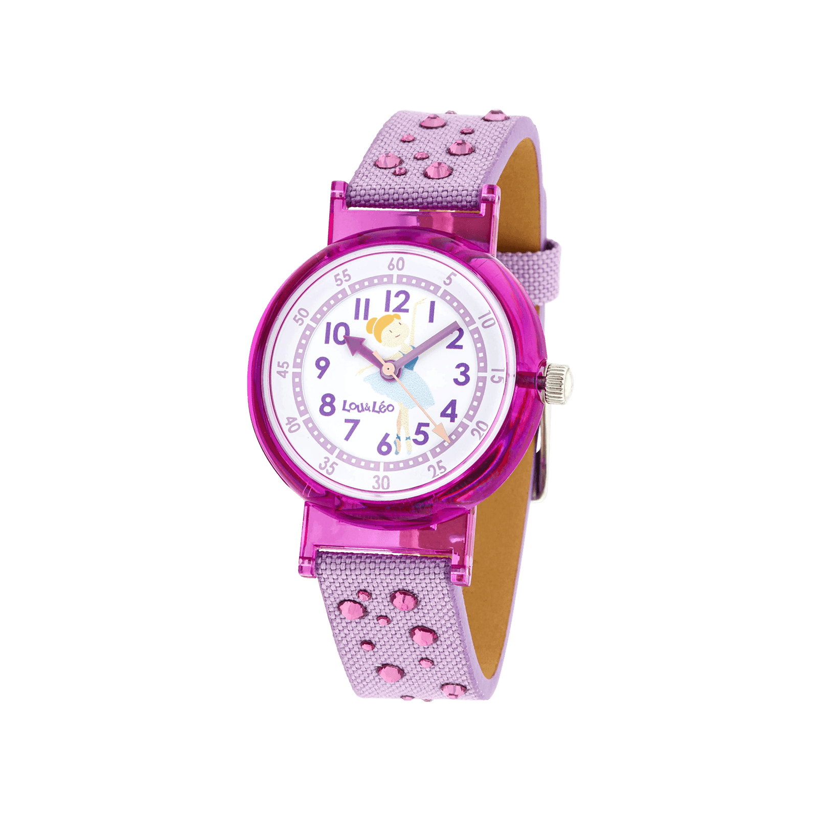 Montre enfant Lou & Leo 30.5 millimètres Bracelet tissu violet avec pierres Cadran blanc ballerine 3 atmosphères