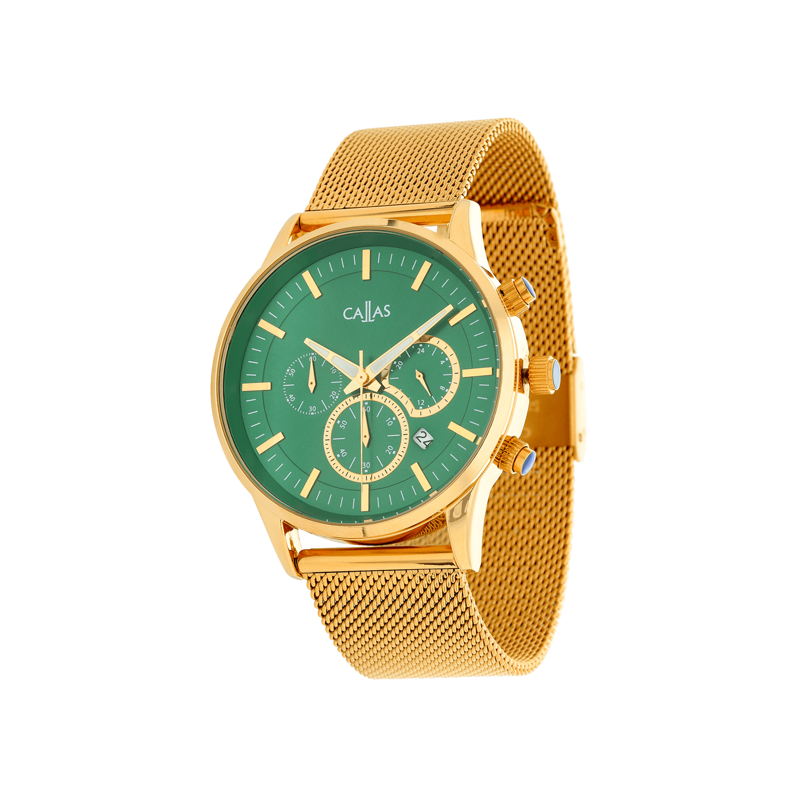 montre callas bracelet maille milanaise acier doré boîte doré cadran vert 5 atm