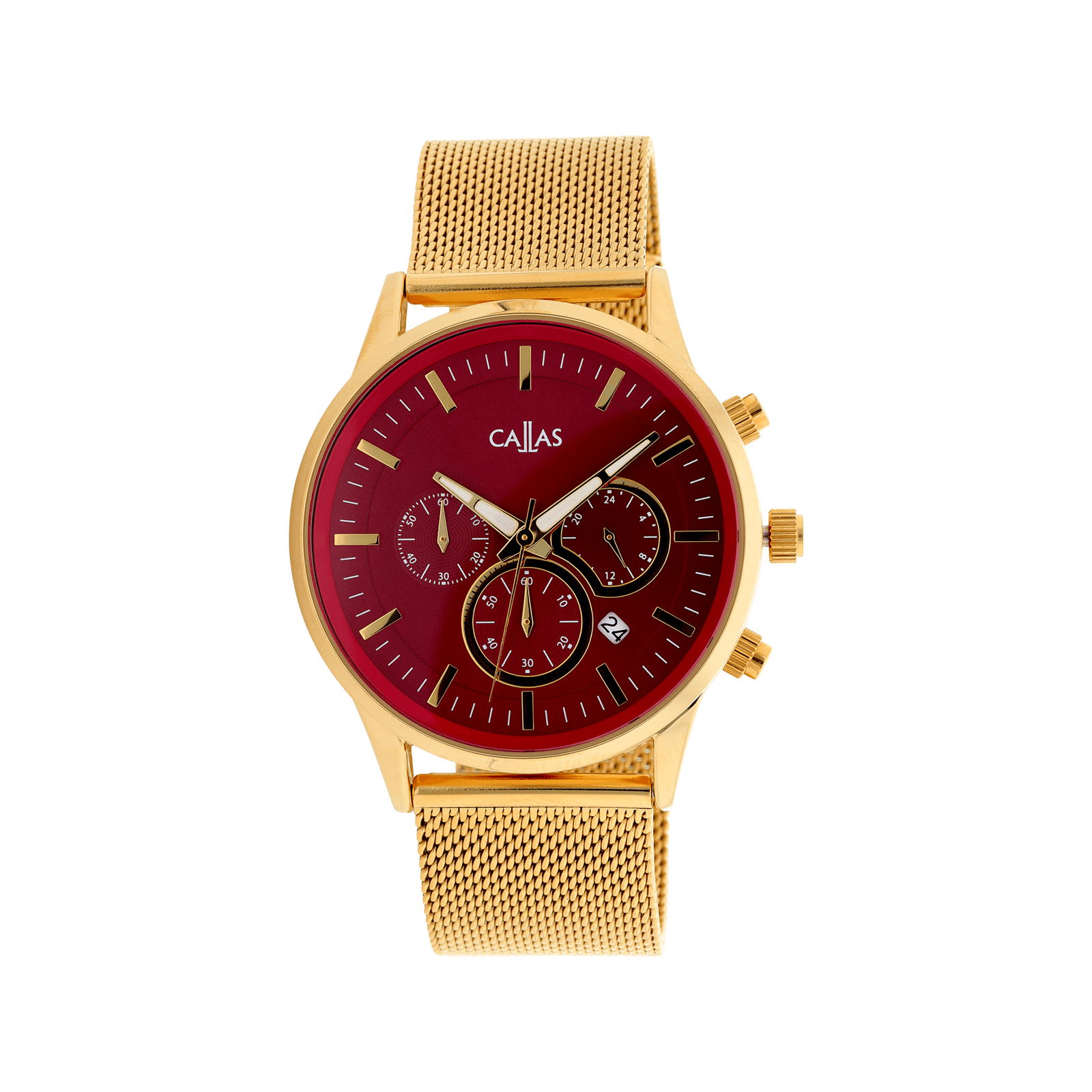 montre callas bracelet maille milanaise acier doré boîte doré cadran bordeaux 5 atm