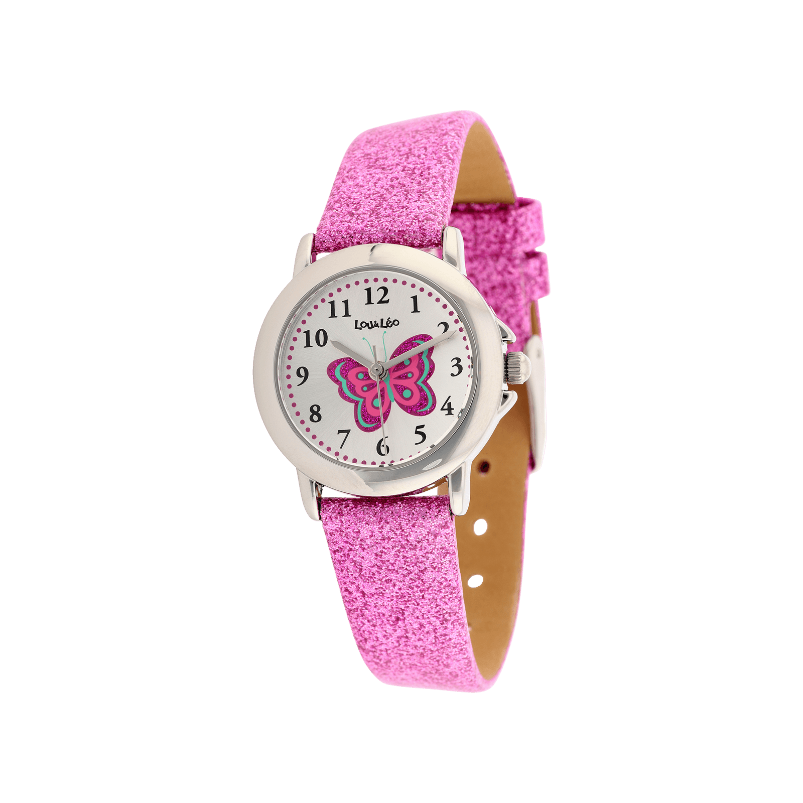Montre Lou & Leo Papillon Bracelet plastique paillettes Fuschia