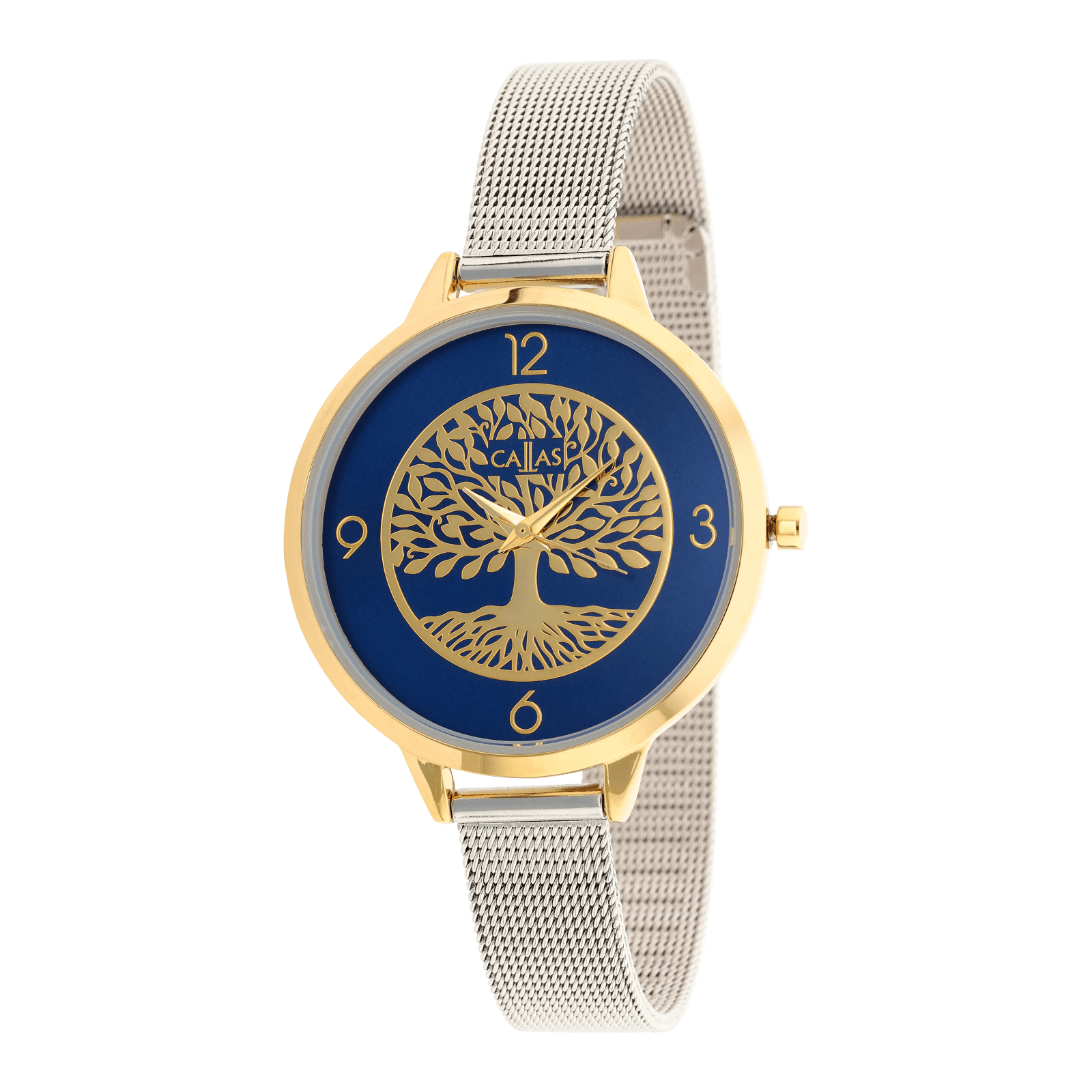 Montre Callas 37.8mm Bracelet maille milanaise ips Boîte Acier doré Cadran bleu arbre de vie 3 atmosphères