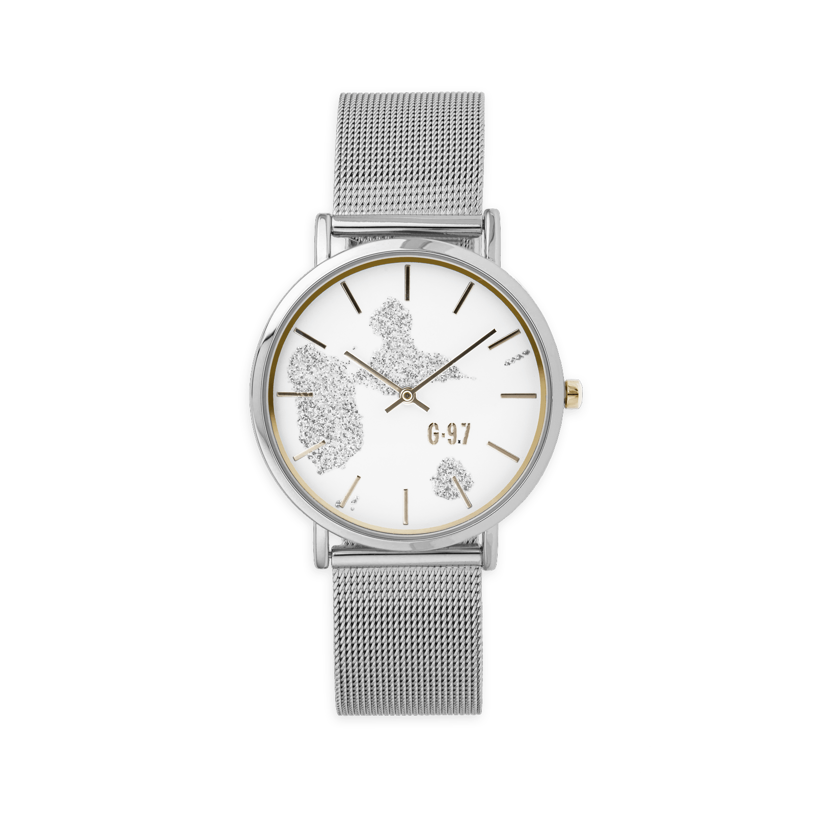 montre unisexe g97 cadran argenté blanc guadeloupe argenté bracelet mesh 3atm