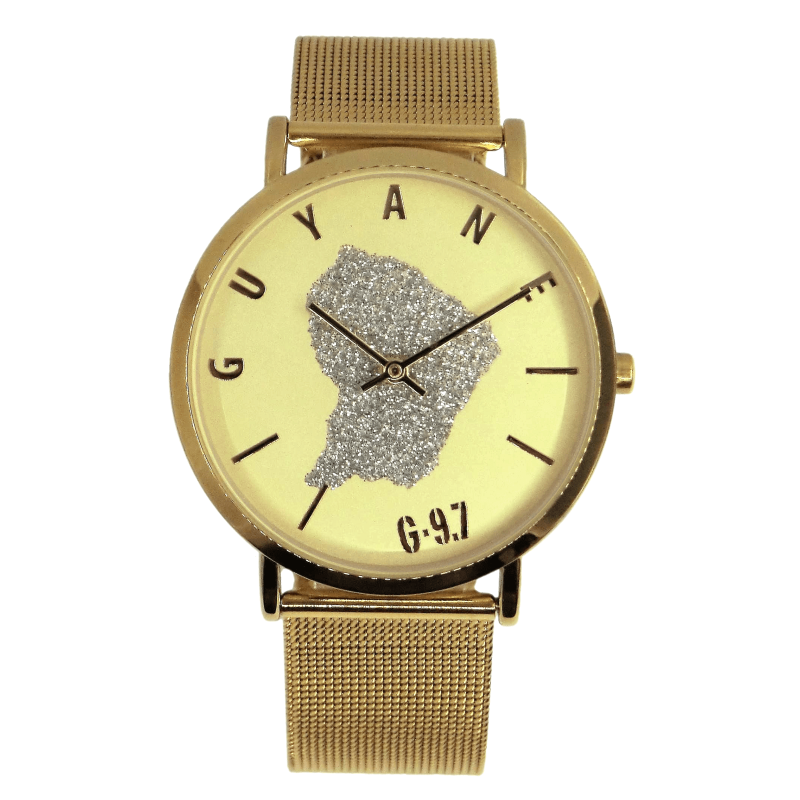 montre homme g97 bracelet maille milanaise acier doré cadran doré et guyane paillettes argent 3 atm